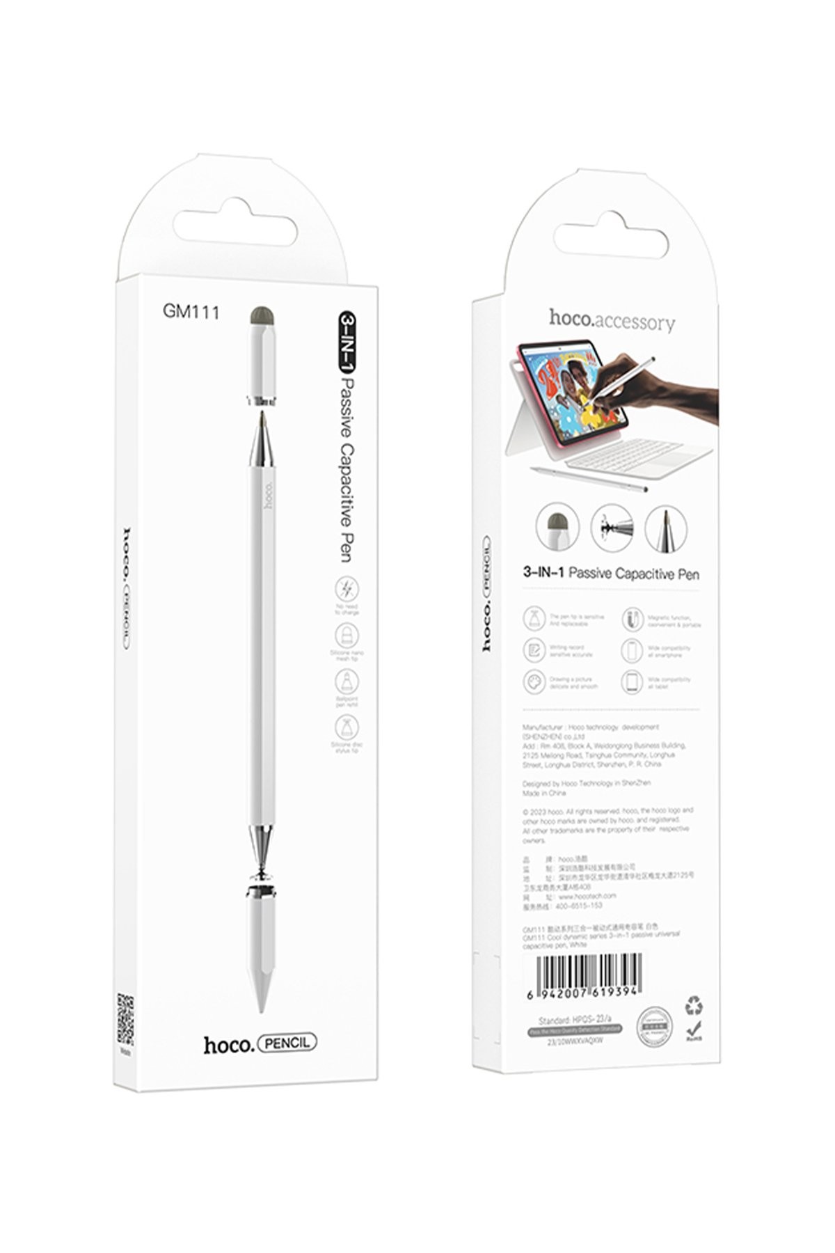 HOCO GM111 Cool Dynamic Series 3 in 1 Capasitive Universal Dokunmatik Stylus Pen Kalem - Beyaz