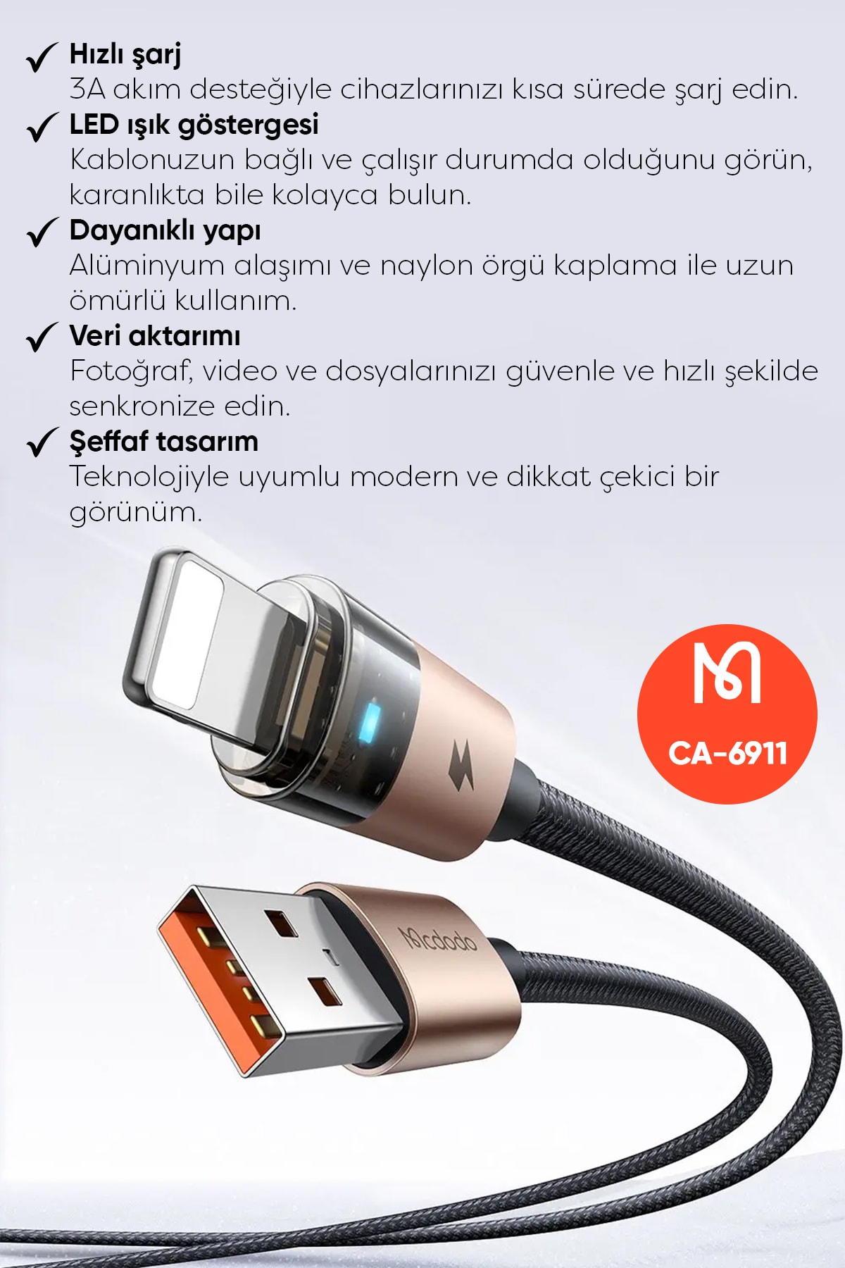 MCDODO CA-6911 USB-A to Lightning Şeffaf Kablo 1.2 m