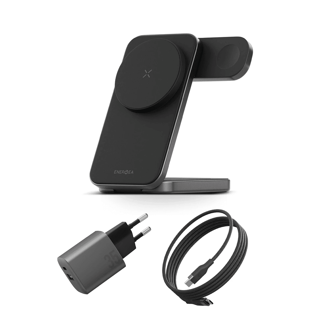 ENERGEA Essential Kit AmpCharge GaN 35W Adaptör Magtrio Plus 3in1 Kablosuz Şarj Standı ve 100W Type-C to Type-C Manyetik Kablolu Set Travel Çanta - Koyu Gri