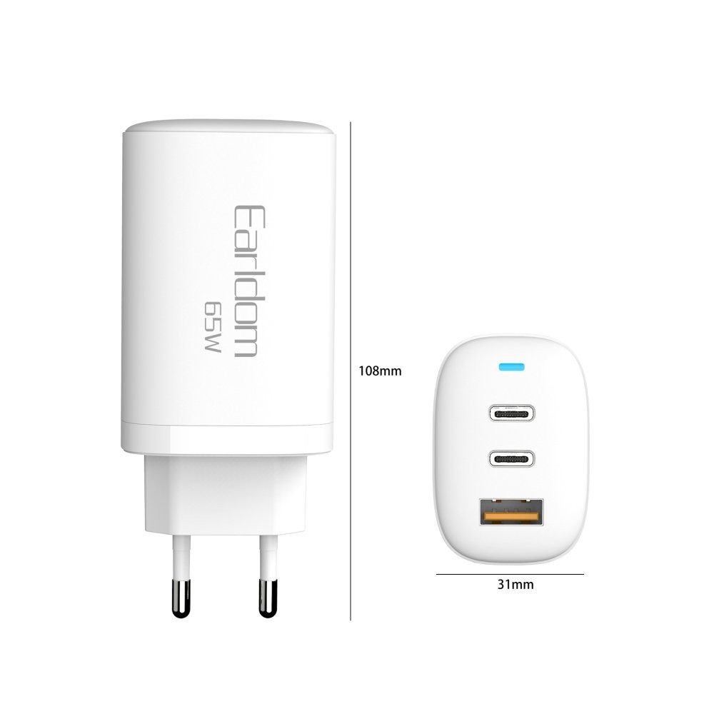 EARLDOM EU26i 2 Adet 65W Type-C ve 1 Adet 30W USB 3.0 Çıkışlı Ekstra Type-C to Lightning Kablolu GAN Şarj Cihazı - Beyaz