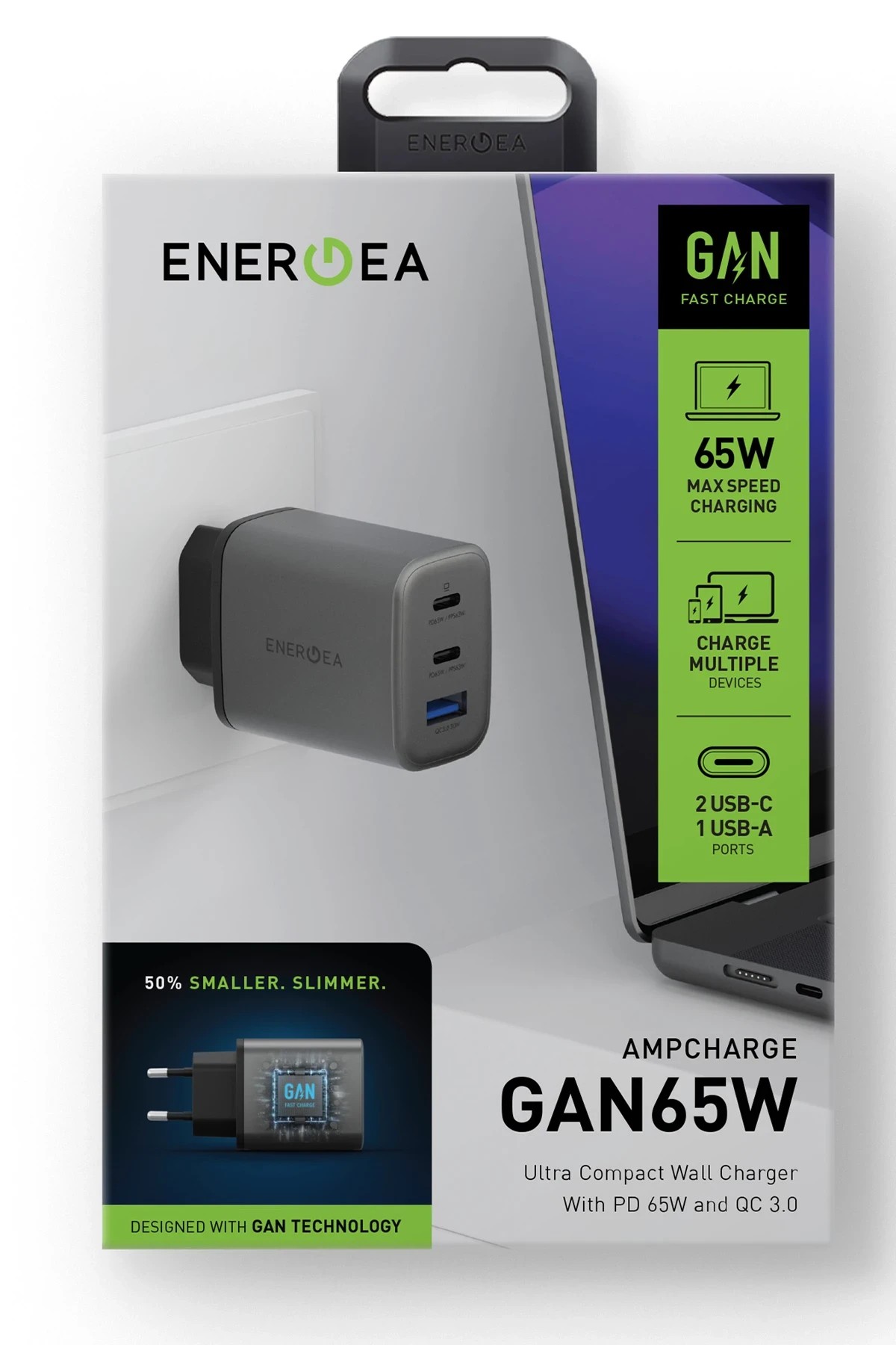 ENERGEA AmpCharge GaN65 2 Adet 65W Type-C ve 30W USB 3.0 Çıkışlı Hızlı Şarj Aleti - Koyu Gri