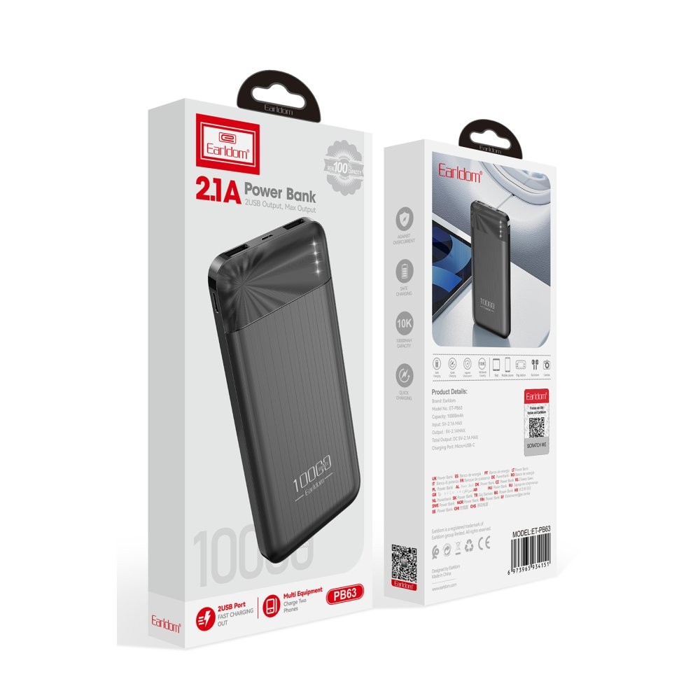EARLDOM PB63 10.000 mAh 2 Adet 10W USB Çıkışlı Powerbank - Siyah