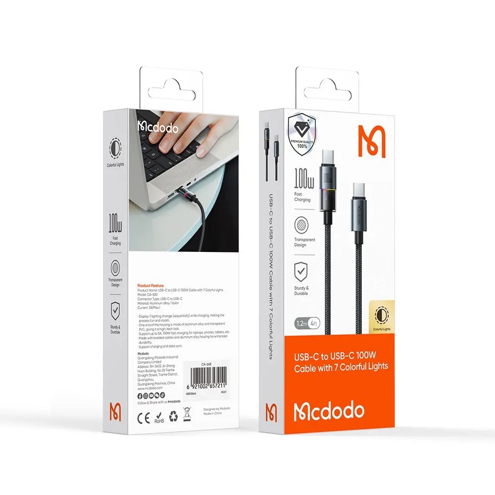 MCDODO CA-8200 Type-C to Type-C 7 Renkli LED Işıklı 100W 1.2 m Kablo