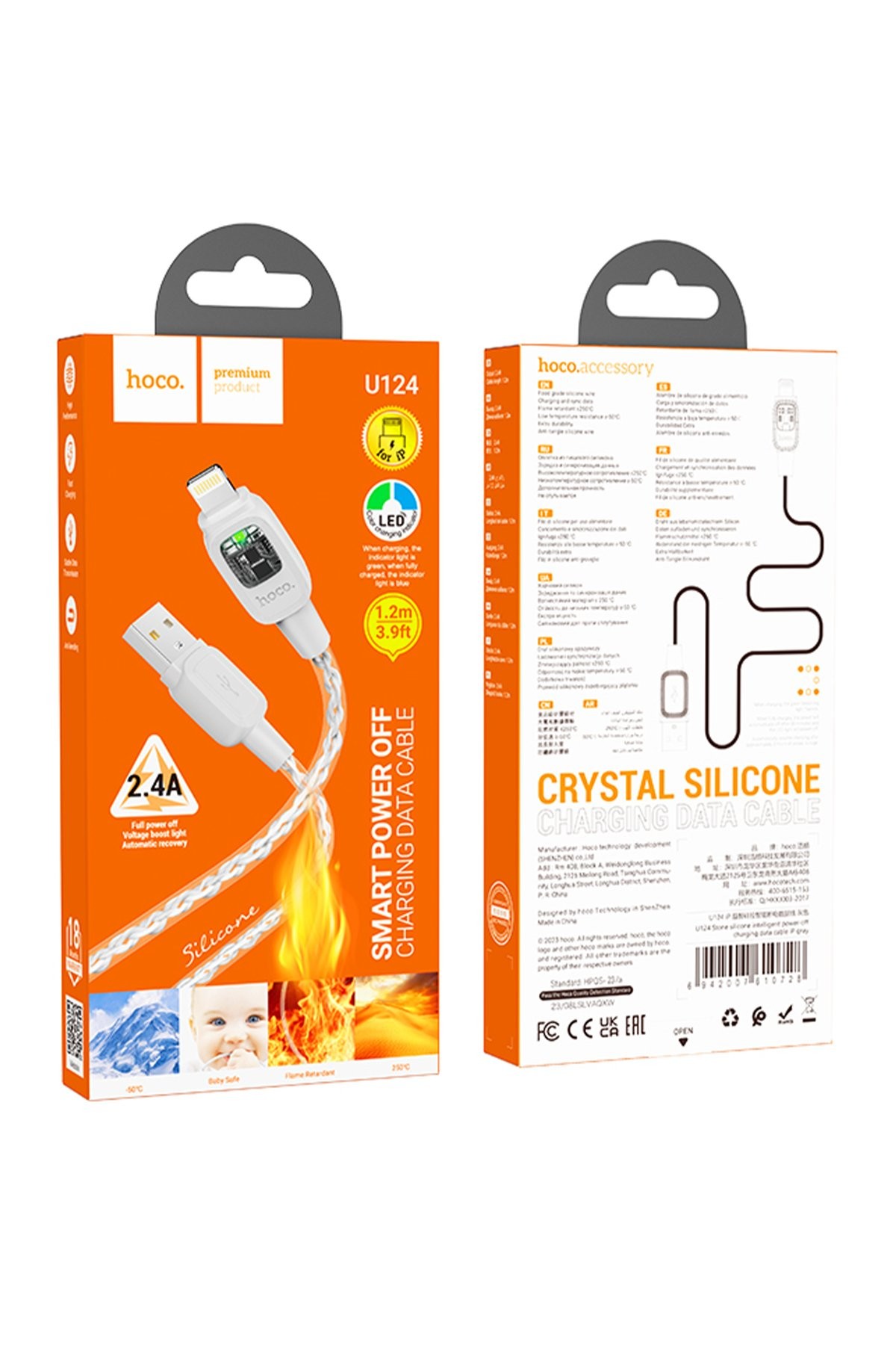 HOCO U124 Stone 1.2M 2.4A Type-C to Lightning Otomatik Şarj Kesme Özellikli PD Hızlı Şarj Kablosu - Gri