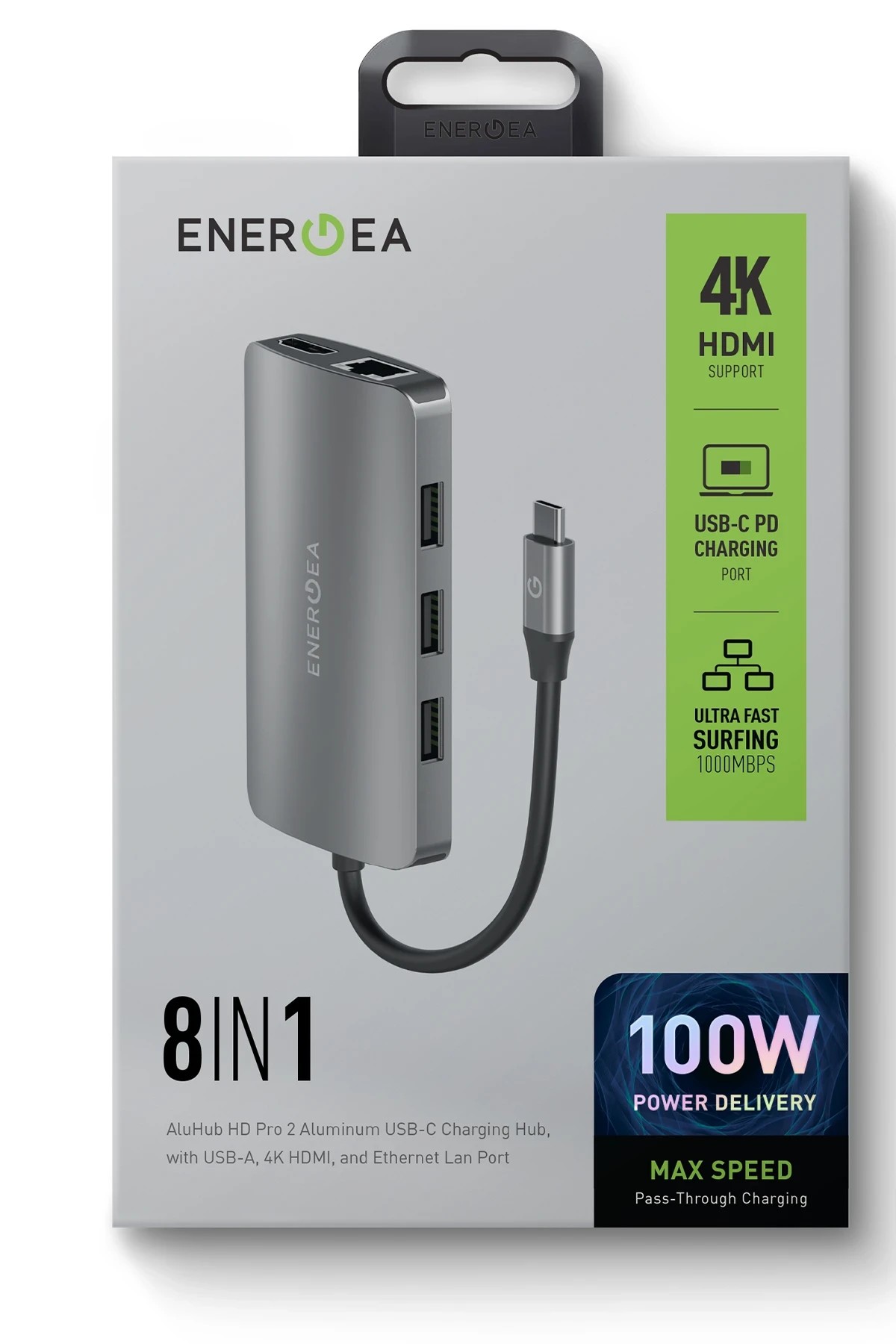 ENERGEA AluHub HD Pro 2 100W Type-C PD Şarj Destekli 8in1 4K Hub Dönüştürücü - Koyu Gri
