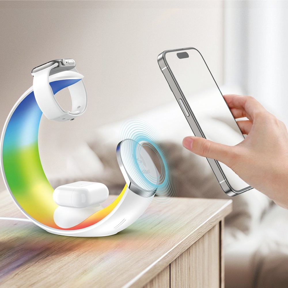 EARLDOM WC55 4 in 1 15W Telefon Saat ve Airpods İçin RGB Kablosuz Şarj Standı - Beyaz