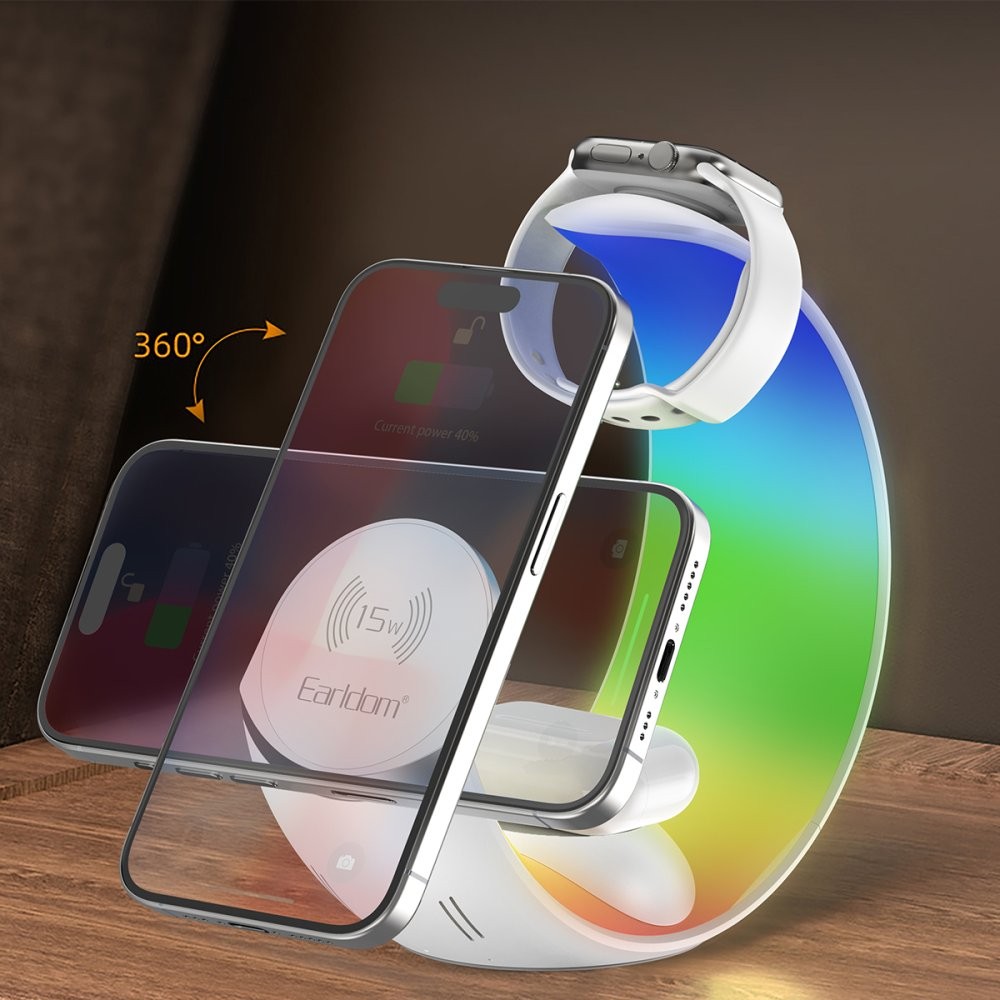 EARLDOM WC55 4 in 1 15W Telefon Saat ve Airpods İçin RGB Kablosuz Şarj Standı - Beyaz