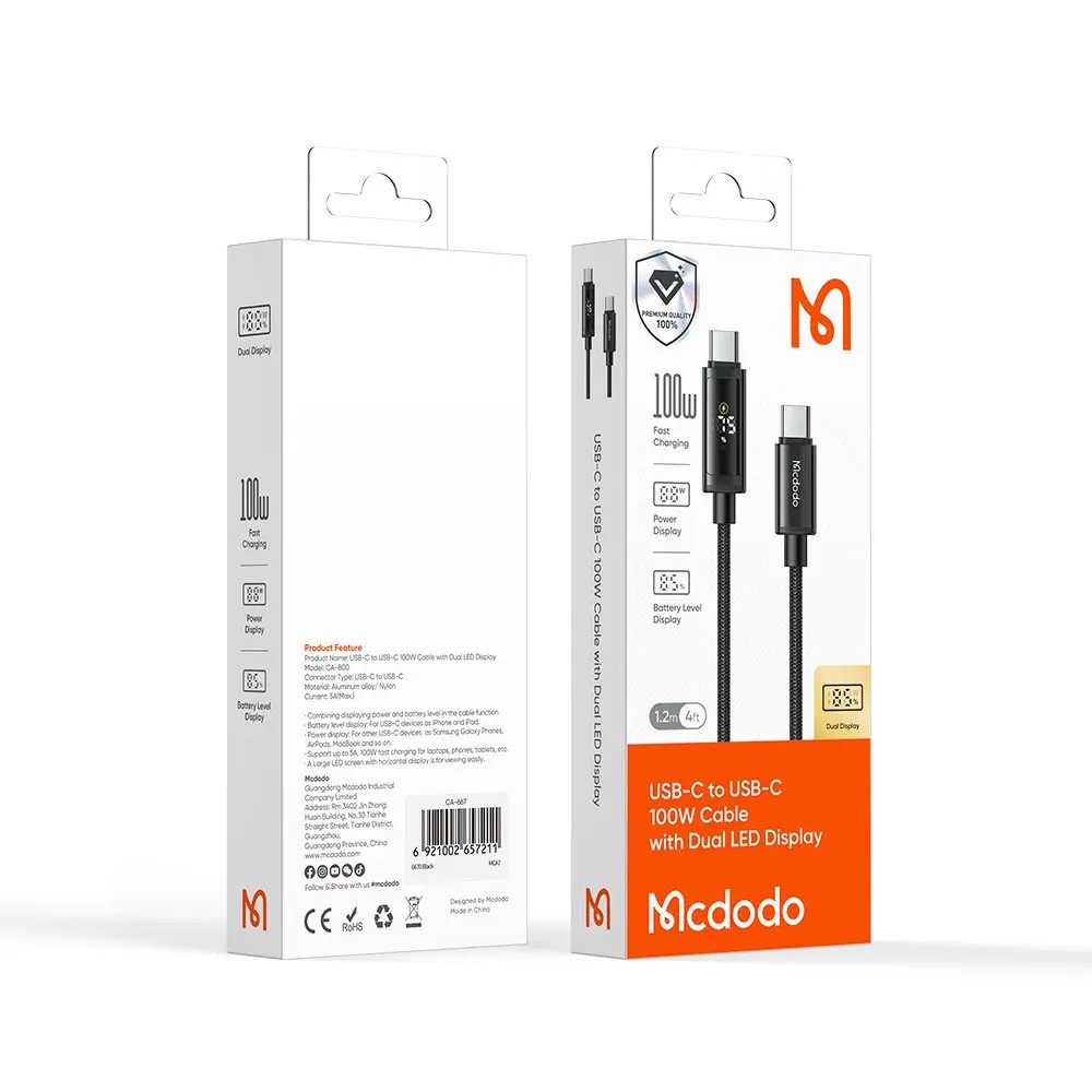 MCDODO CA-8000 Type-C to Type-C 100W Çift Led Ekranlı 1.2 m Kablo