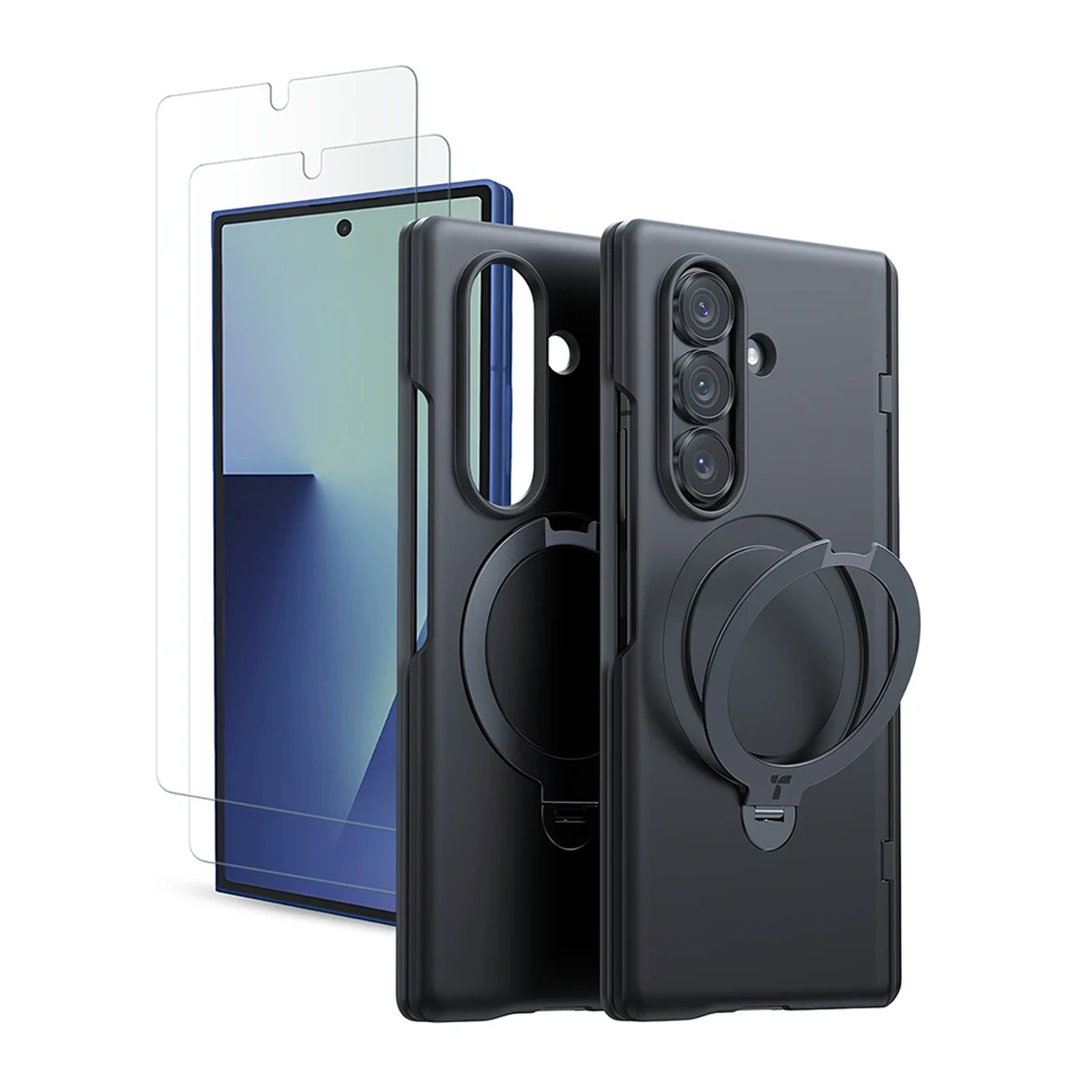 Torras Samsung Galaxy Z Fold 7 2 Adet Ekran Koruyuculu O Stand Spin Serisi Magsafe Kılıf - Siyah