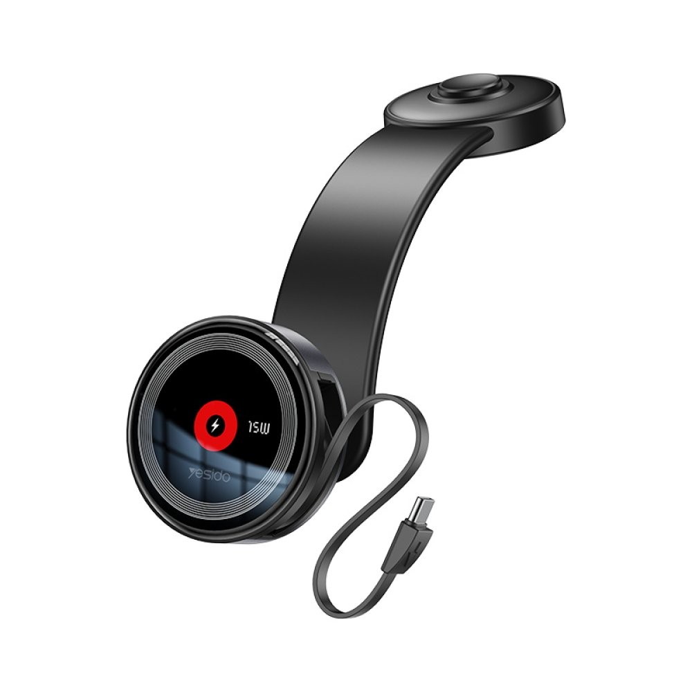 YESIDO C314 Yapışkanlı 360 Derece Ayarlanabilir Cam Yüzeyli 15W Kablosuz Şarjlı Ekstra 90 Cm Dahili Type-C Kablolu Magsafe Araç Tutucu - Siyah