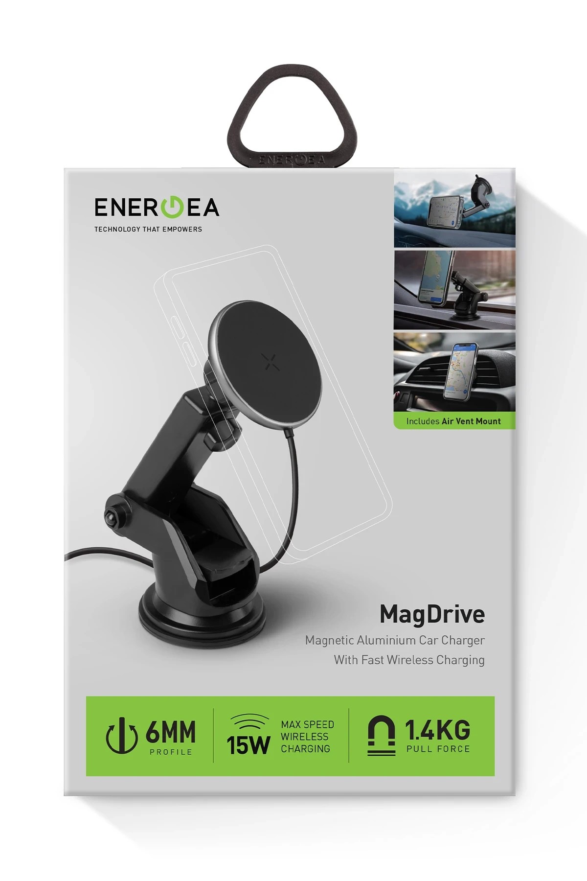 ENERGEA MagDrive 2in1 Izgara Klipsli ve Vantuzlu 15W Kablosuz Şarjlı Manyetik Magsafe Araç Tutucu - Siyah