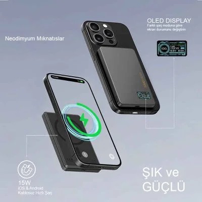 LITO LP07 15W Ultra İnce 5’i 1 Arada Manyetik Qi2 Powerbank 5000 mAh