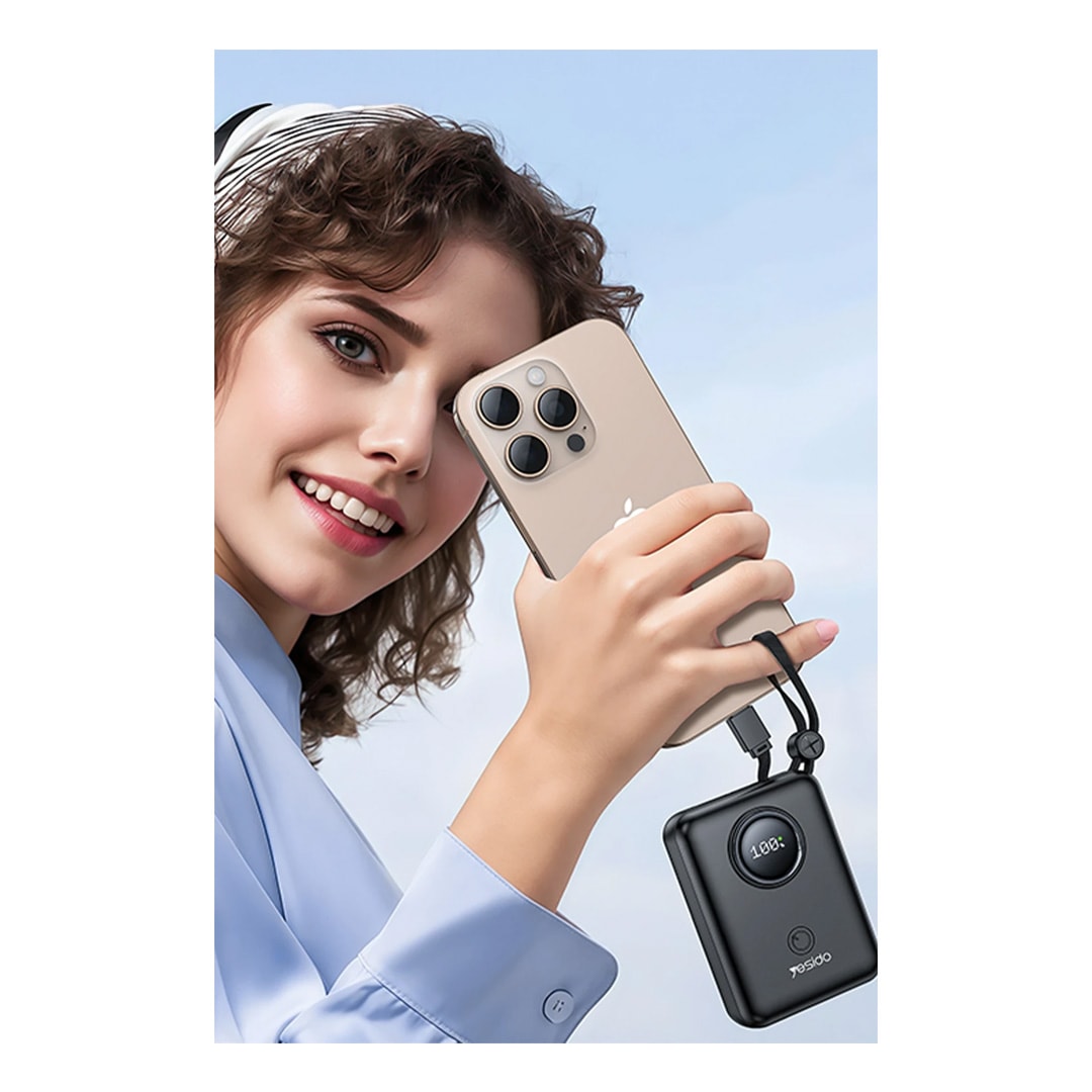 YESIDO YP64 10.000 mAh Dijital Göstergeli Dahili Type-C ve Lightning Kablolu PD Mini Powerbank - Siyah