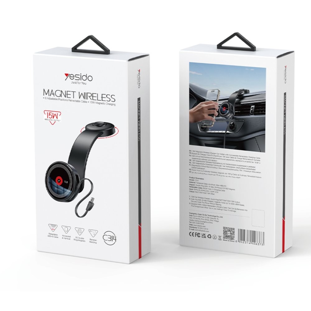 YESIDO C314 Yapışkanlı 360 Derece Ayarlanabilir Cam Yüzeyli 15W Kablosuz Şarjlı Ekstra 90 Cm Dahili Type-C Kablolu Magsafe Araç Tutucu - Siyah