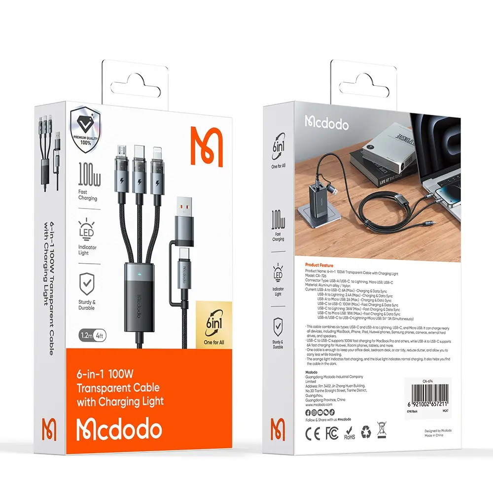 MCDODO CA-7260 6'sı 1 Arada 100W Şeffaf Çoklu Kablo 1.2m