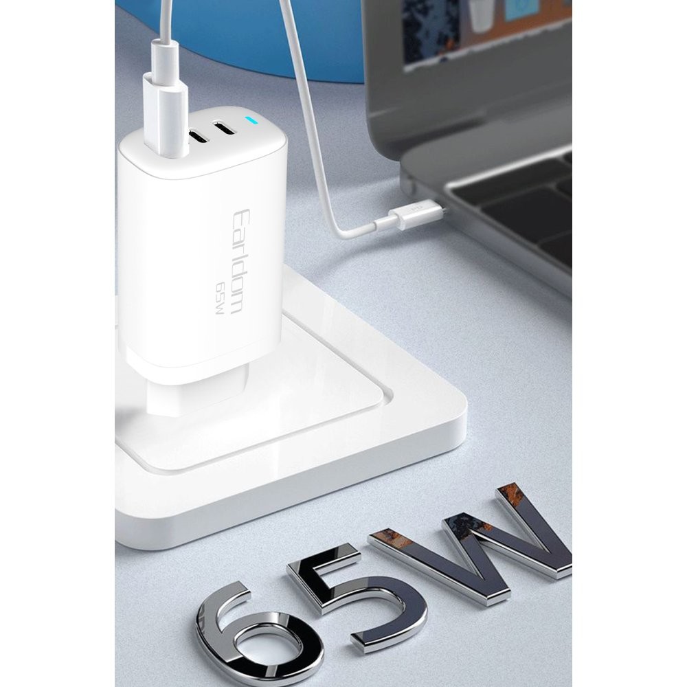 EARLDOM EU26i 2 Adet 65W Type-C ve 1 Adet 30W USB 3.0 Çıkışlı Ekstra Type-C to Lightning Kablolu GAN Şarj Cihazı - Beyaz