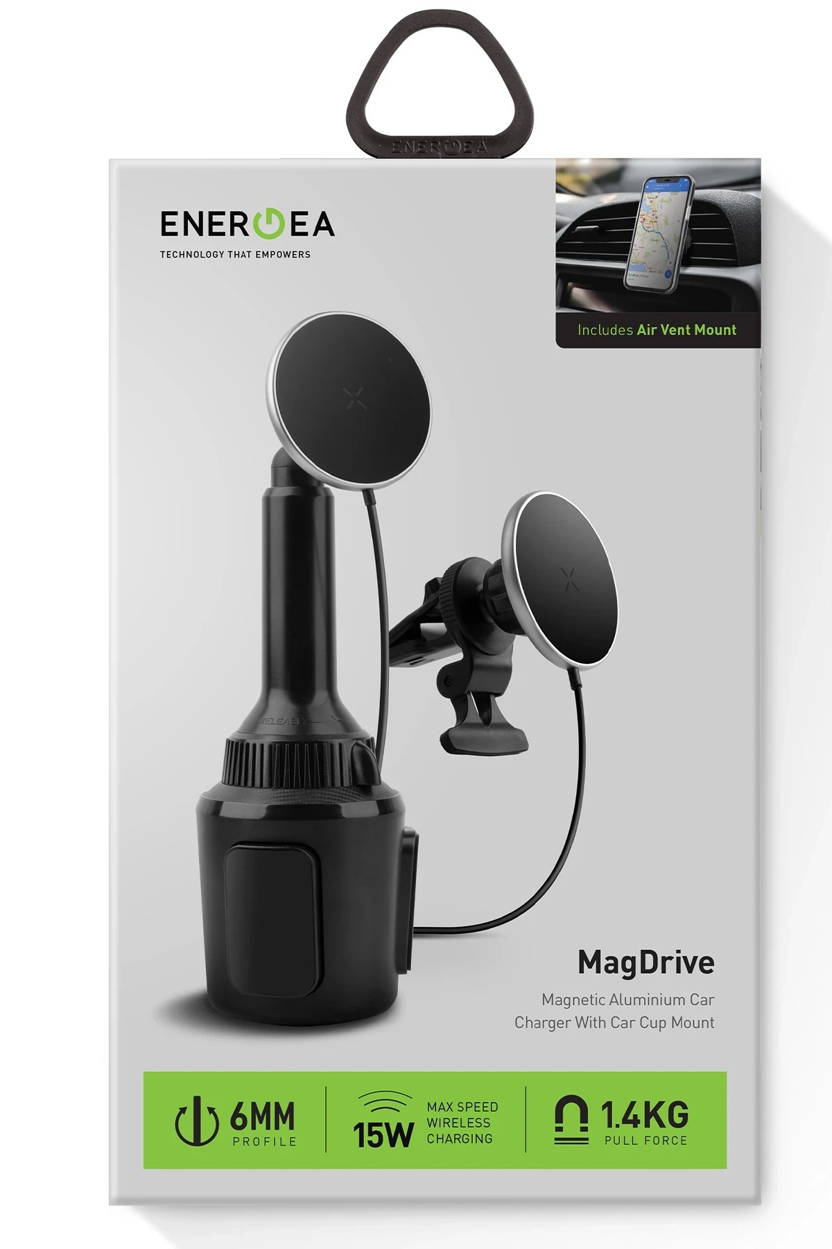 ENERGEA MagDrive 2in1 Izgara Klipsli ve Bardaklık Bölgesine Takma Aparatlı 15W Kablosuz Şarjlı Manyetik Magsafe Araç Tutucu - Siyah