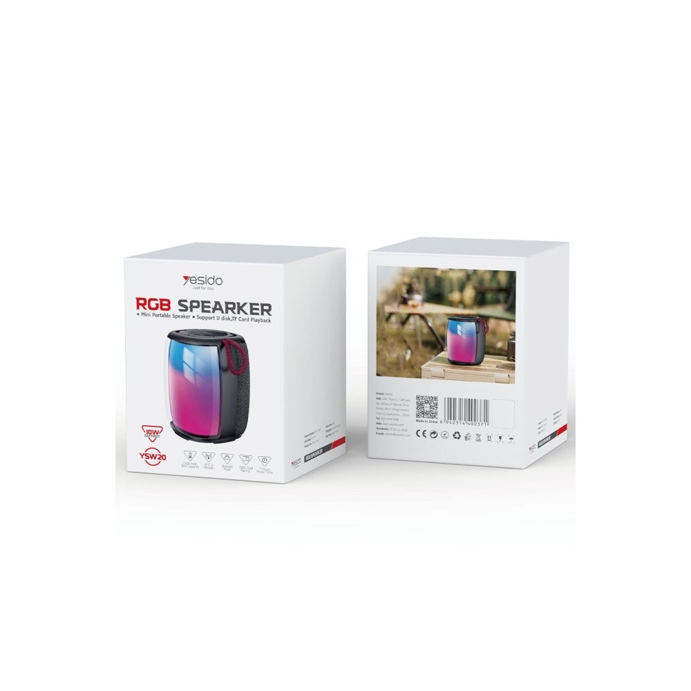 YESIDO YSW20 10W Dahili Hoparlörlü 2500 mAh Bataryalı BT 5.3 RGB Kablosuz Mini Hoparlör - Siyah