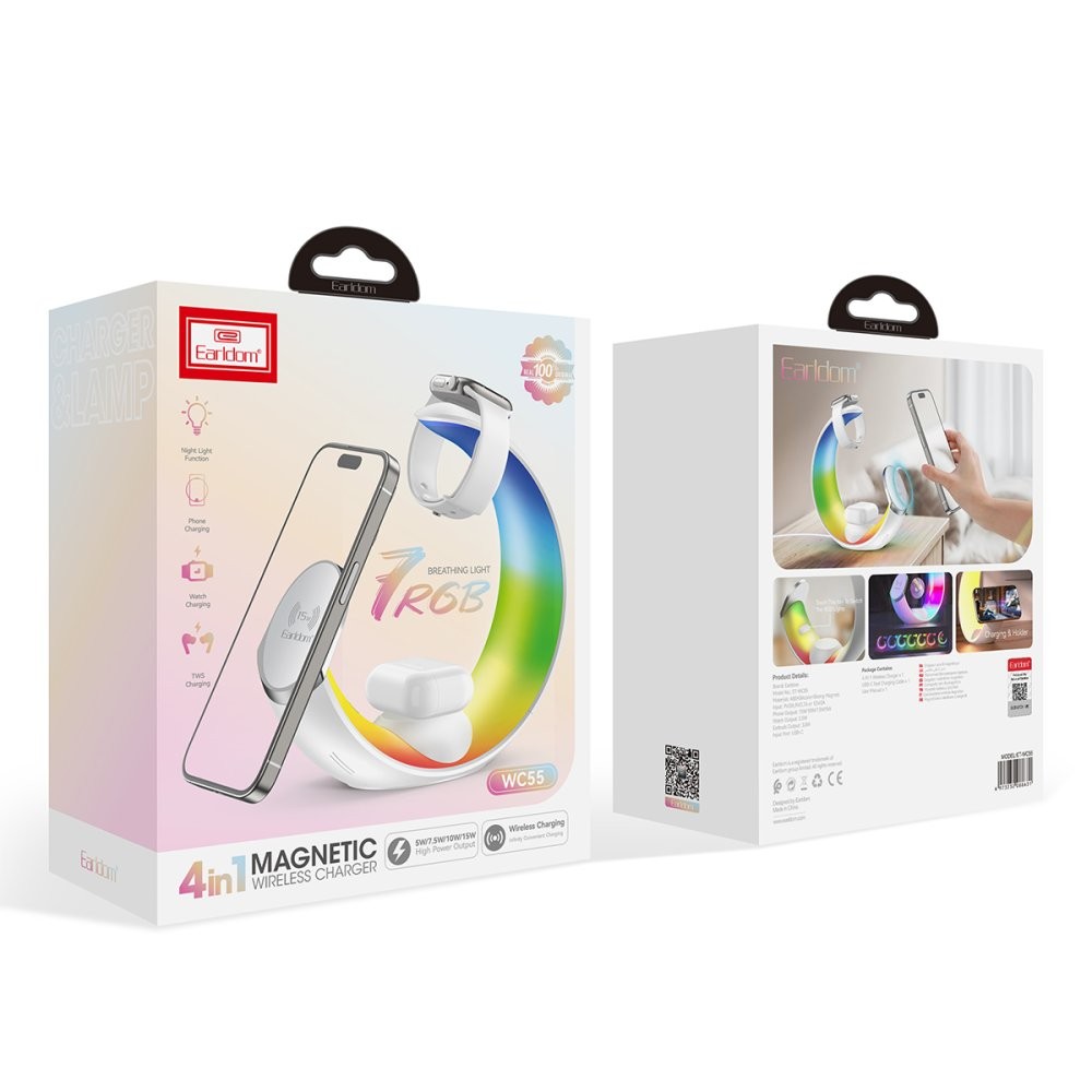 EARLDOM WC55 4 in 1 15W Telefon Saat ve Airpods İçin RGB Kablosuz Şarj Standı - Beyaz