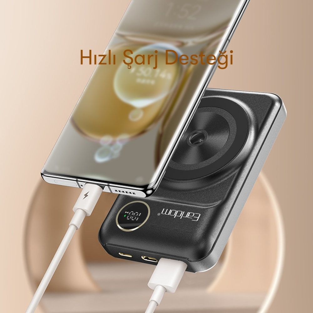 EARLDOM PD28 10.000 mAh 22.5W Kablosuz Şarjlı Dijital Göstergeli PD Hızlı Şarj Mini Powerbank