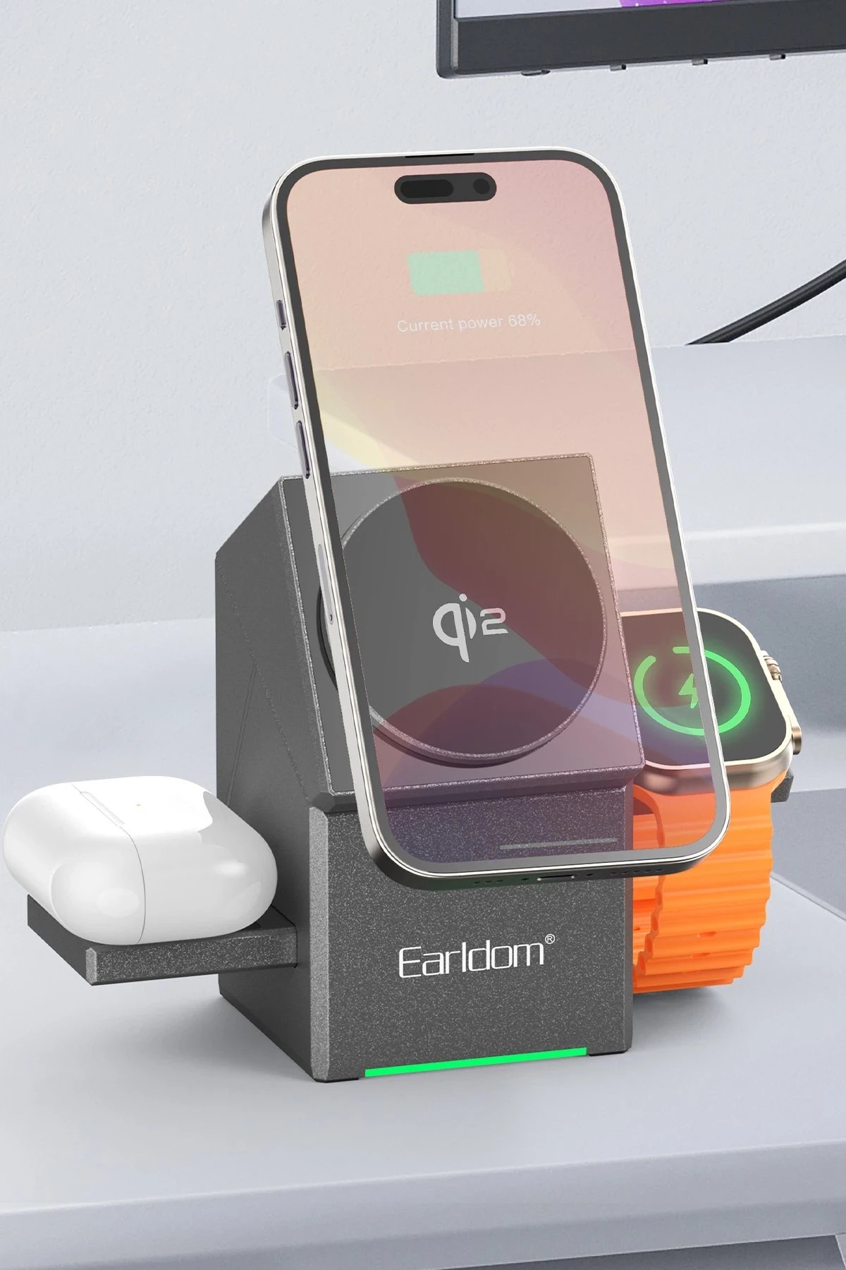 EARLDOM WC65 3 in 1 15W Telefon 2.5W Saat ve 5W Airpods İçin Kablosuz Şarj Standı - Gri