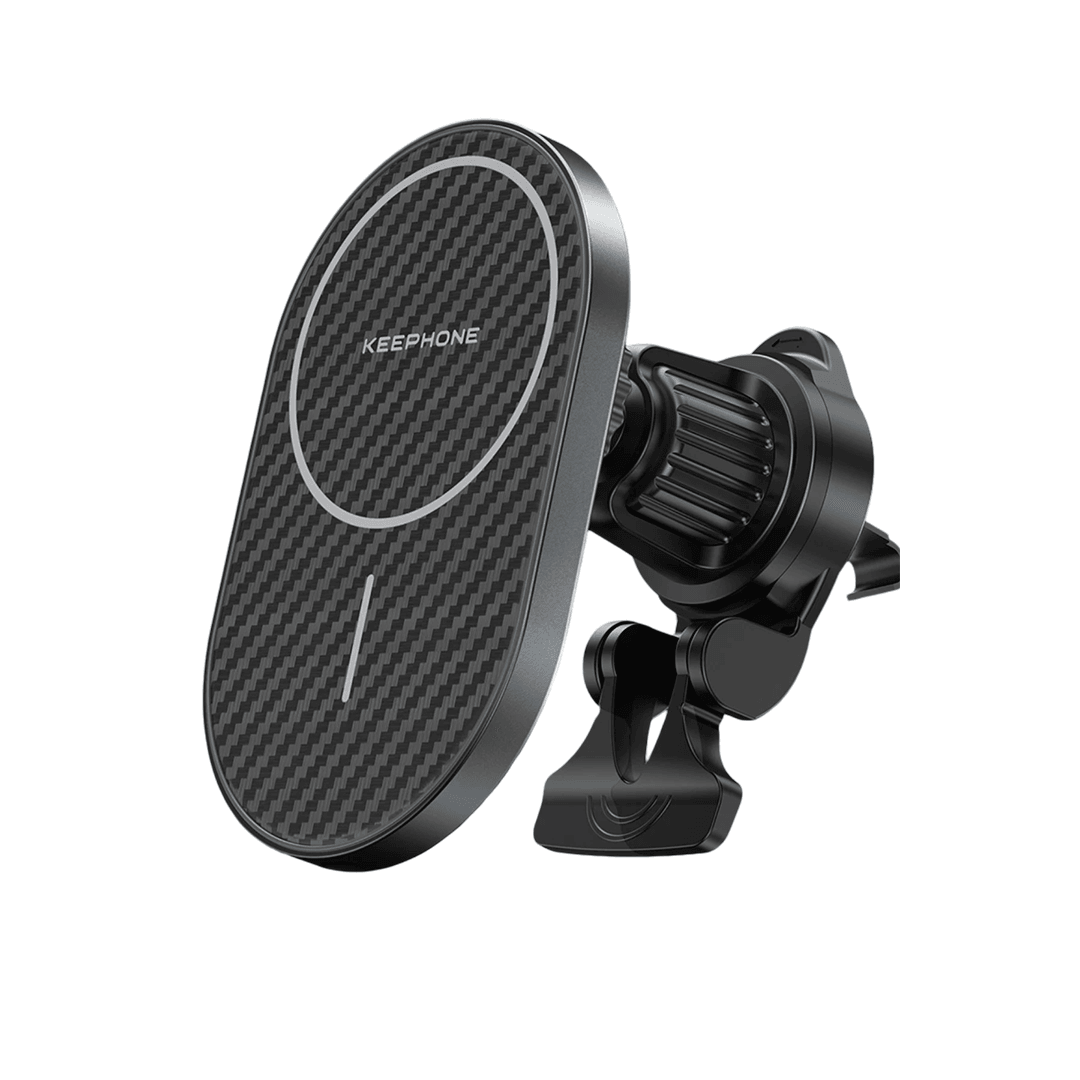 KEEPHONE KPW-081 Kevlar Seanova 2in1 360 Derece Ayarlanabilir 15W Kablosuz Şarj Destekli Manyetik Magsafe Telefon Tutucu - Siyah