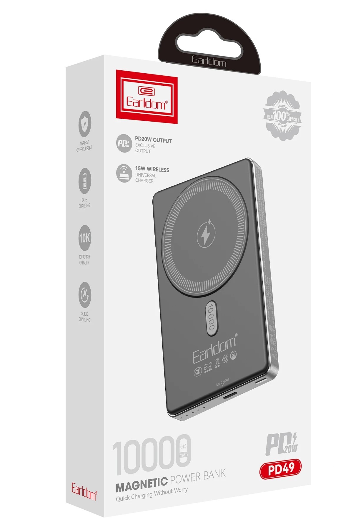 EARLDOM PD49 10.000 mAh 15W Kablosuz Şarj ve 20W Type-C Çıkışlı PD Hızlı Şarj Powerbank - Siyah