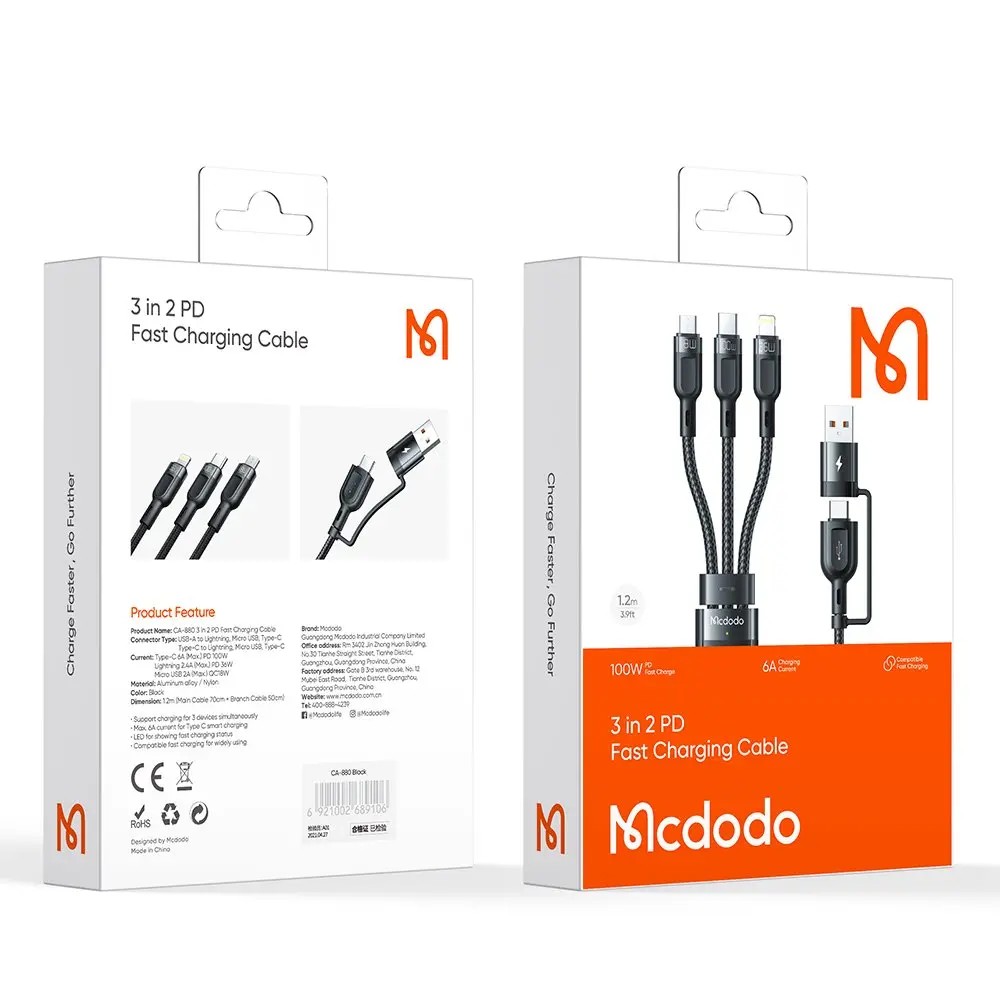 MCDODO CA-8800 2 in 3 100W USB-A/C - Lightning+Micro+Type-C Süper Hızlı Şarj ve Veri Kablosu 1.2 m