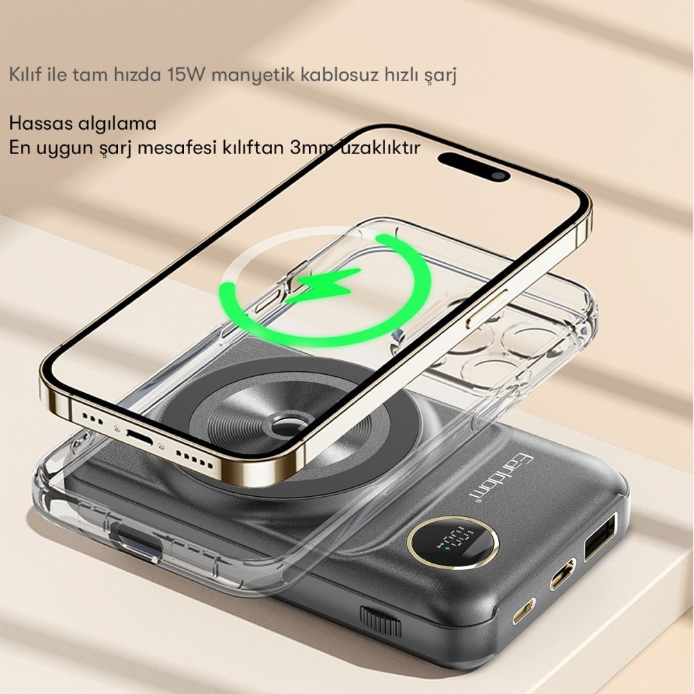 EARLDOM PD28 10.000 mAh 22.5W Kablosuz Şarjlı Dijital Göstergeli PD Hızlı Şarj Mini Powerbank