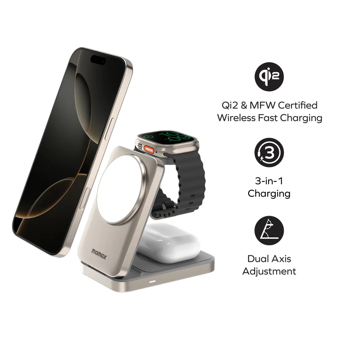 MOMAX UD36L 1-Charge Q.Port 3-in-1 Katlanabilir Qi2 15W Manyetik Kablosuz Şarj Standı - Titanyum