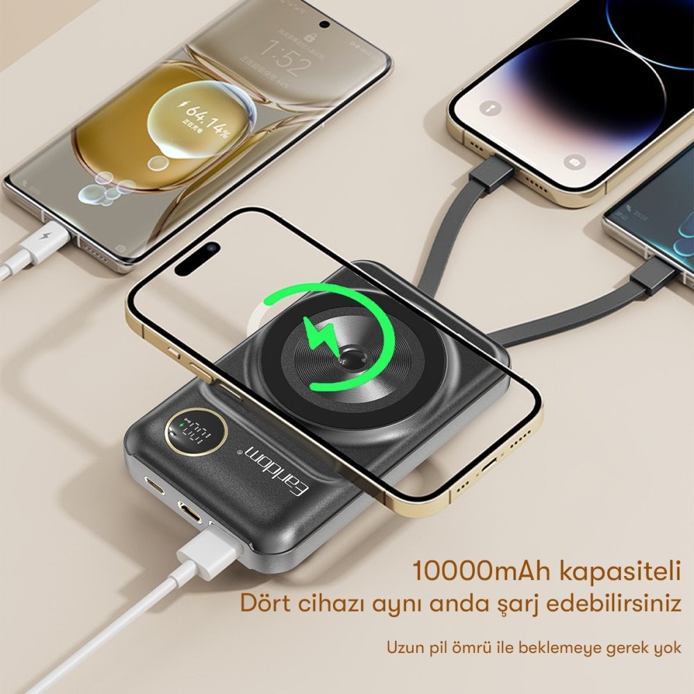 EARLDOM PD28 10.000 mAh 22.5W Kablosuz Şarjlı Dijital Göstergeli PD Hızlı Şarj Mini Powerbank