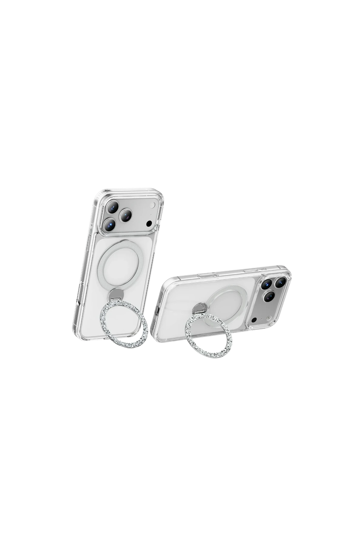 KEEPHONE iPhone 17 Pro Max Crystal Taşlı 360 Magsafe Standlı Kılıf - Şeffaf