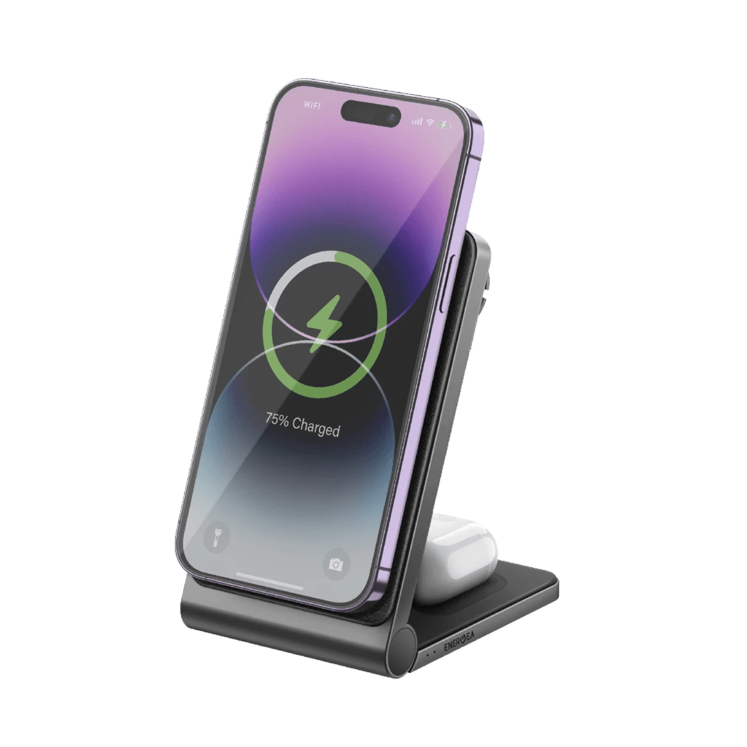 ENERGEA MagTrio 3in1 Katlanabilir 15W Telefon Saat Airpods Masaüstü Hızlı Şarj Standı - Koyu Gri