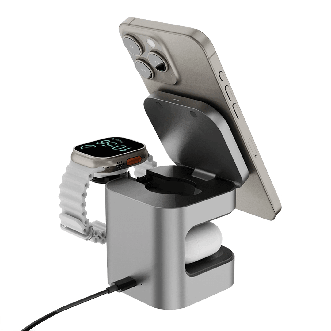 ENERGEA MagCube 3in1 Katlanabilir 15W Telefon Saat Airpods Masaüstü Hızlı Şarj Standı - Koyu Gri