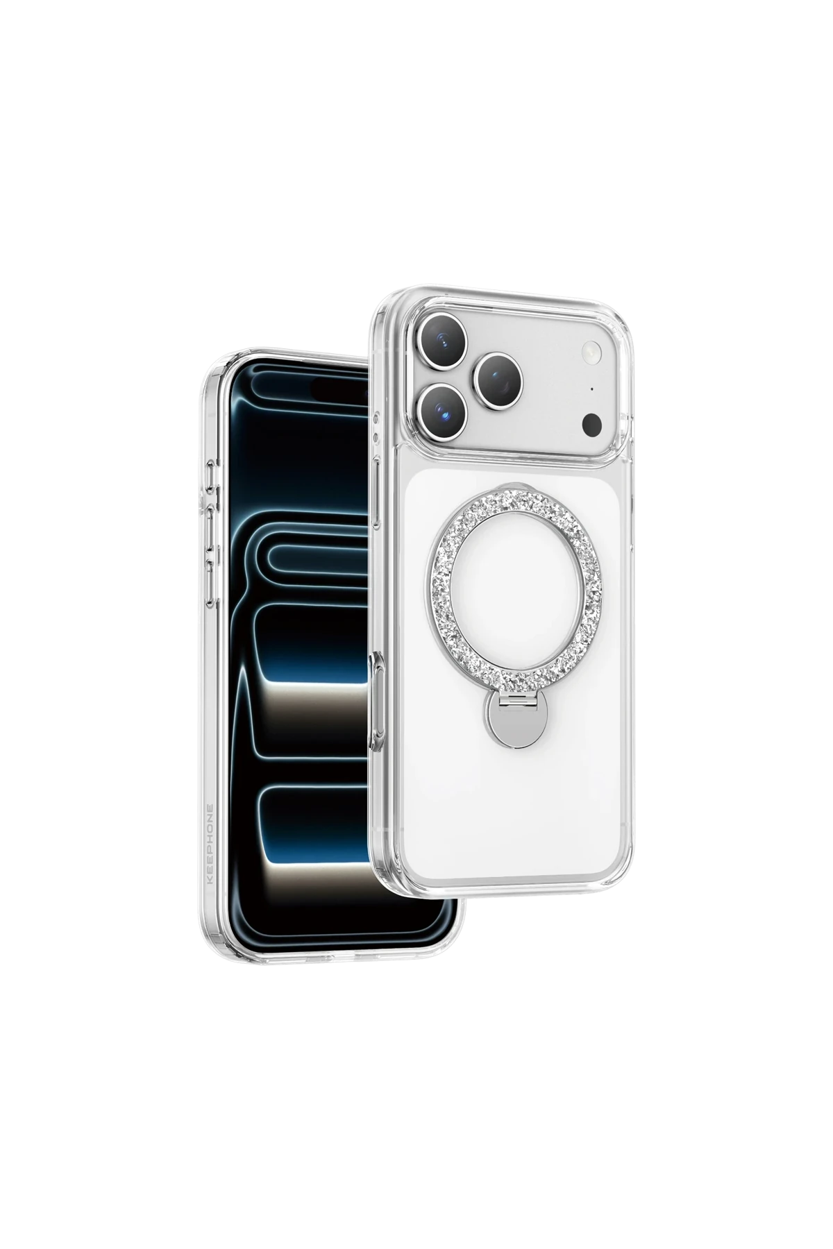 KEEPHONE iPhone 17 Pro Max Crystal Taşlı 360 Magsafe Standlı Kılıf - Şeffaf