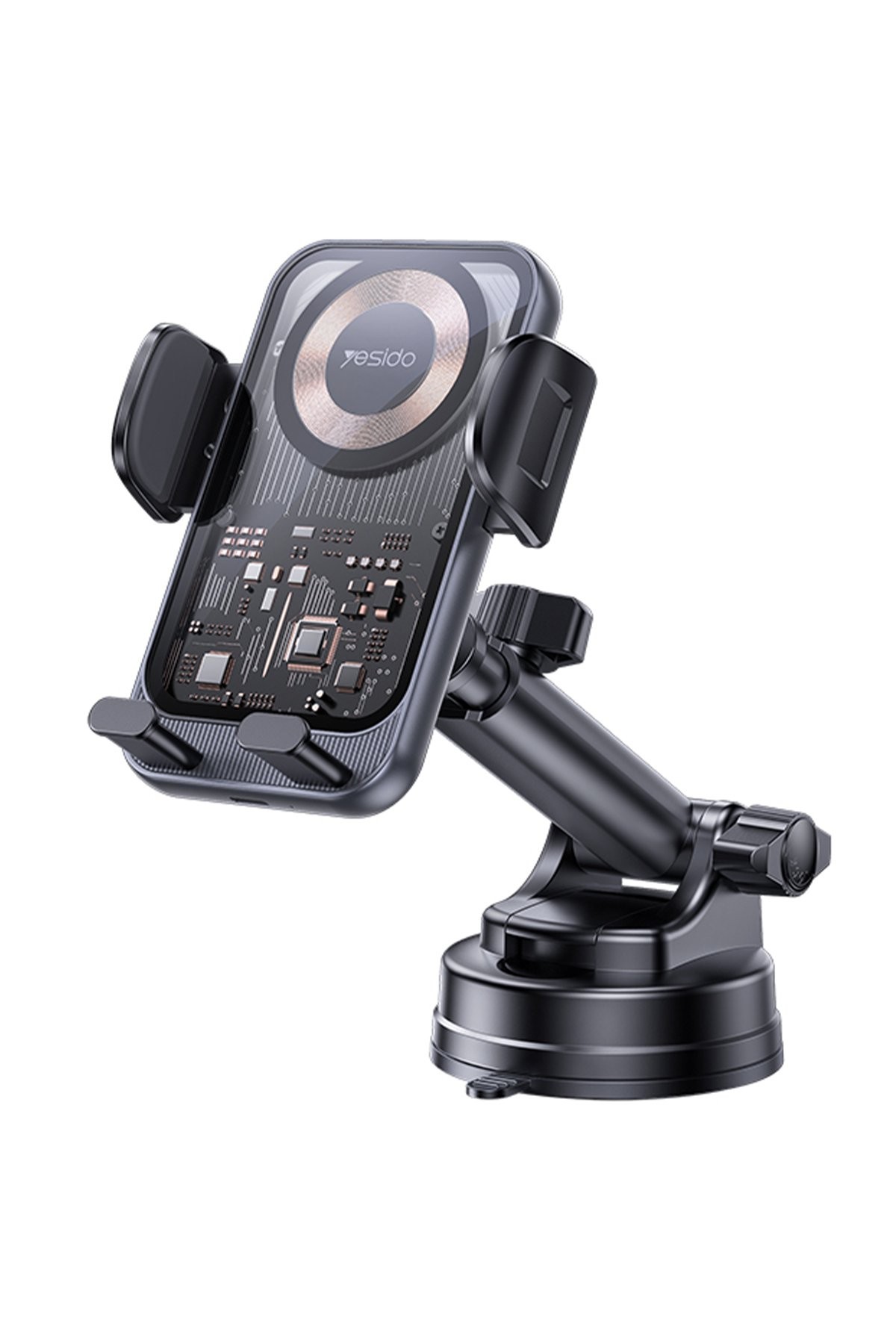 YESIDO C307 Yapışkanlı 360 Derece Ayarlanabilir Cam Yüzeyli 15W Kablosuz Şarjlı Araç Tutucu - Siyah