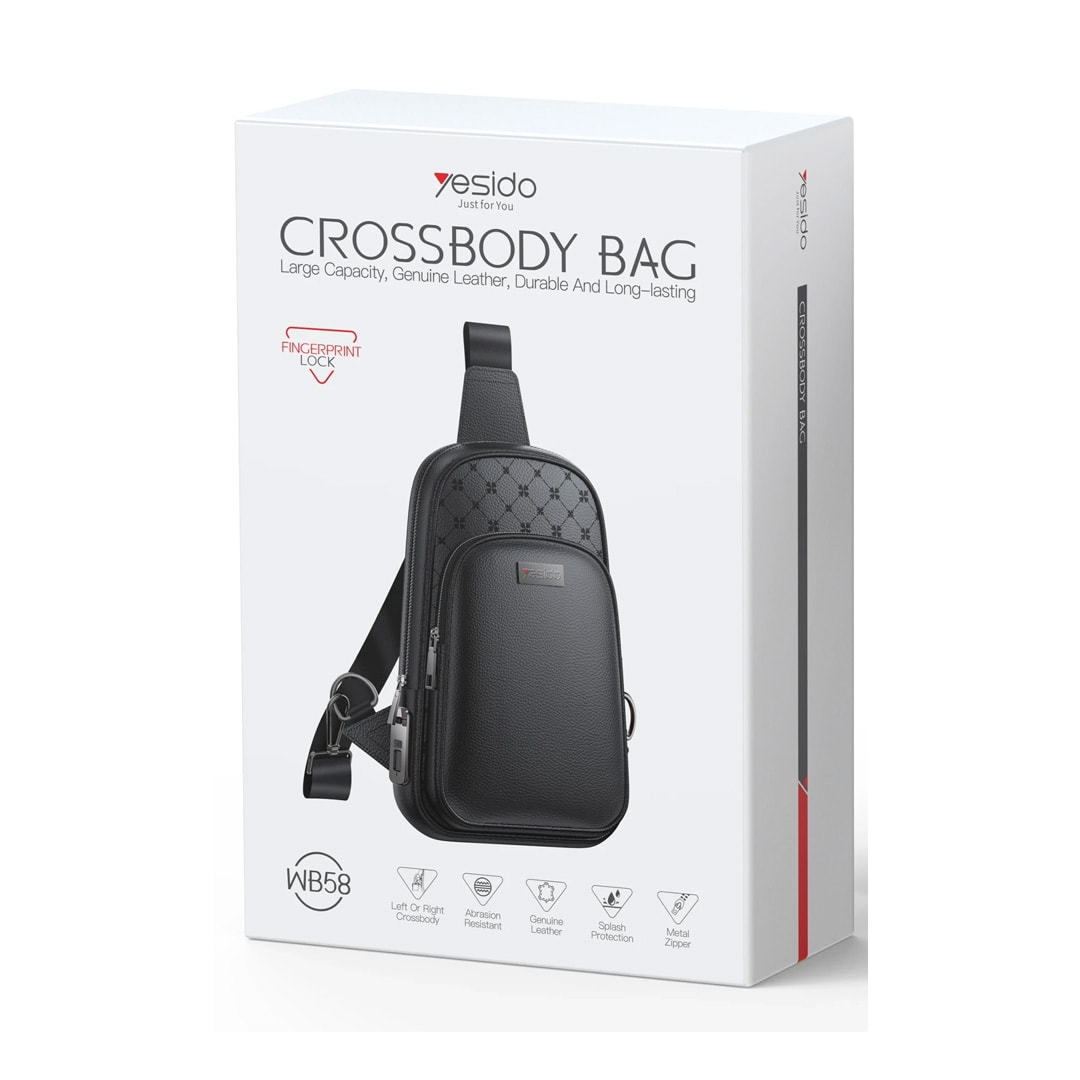 YESIDO WB58 Deri Parmak İzi Kilit Güvenlik Özellikli Omuz Çantası - Siyah