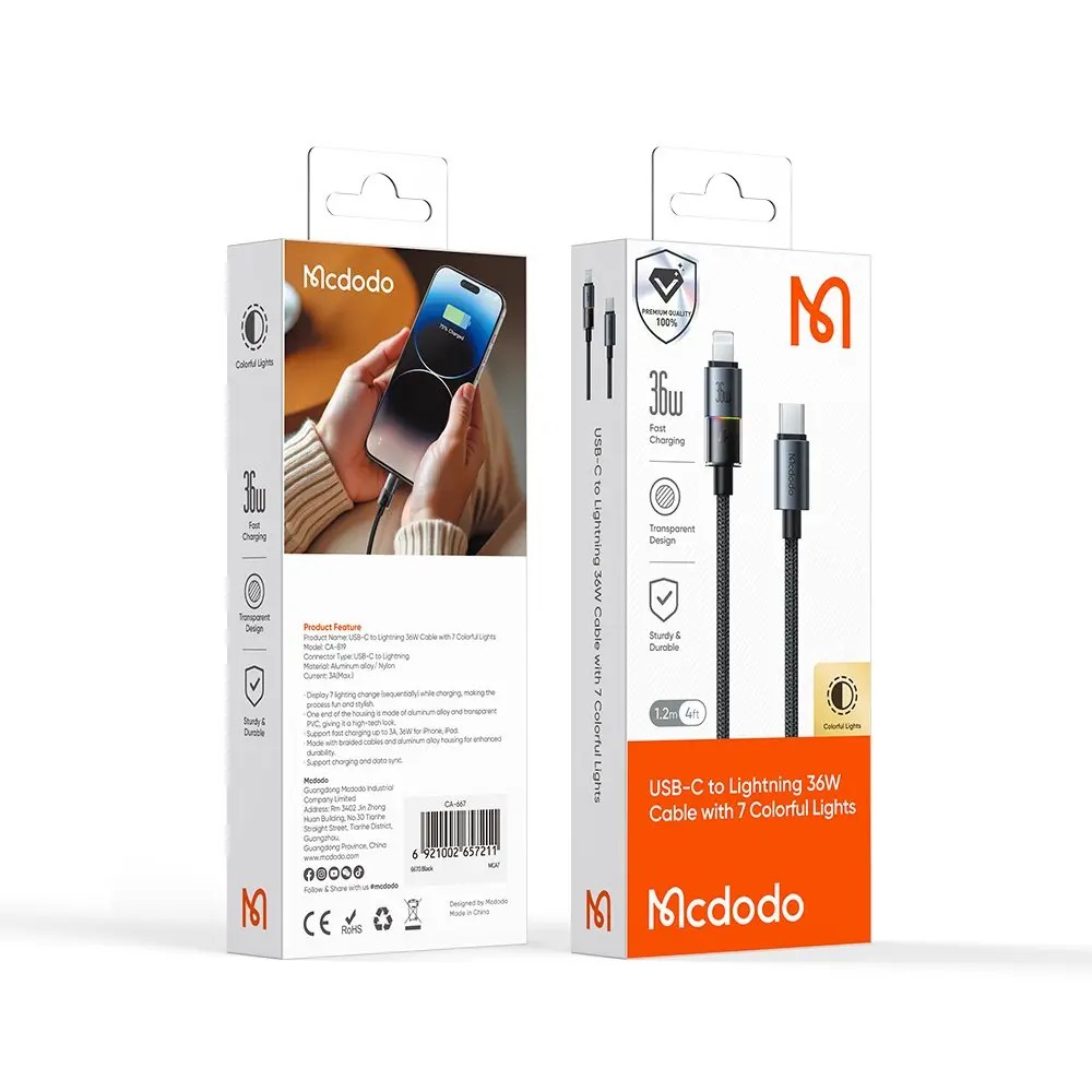 MCDODO CA-8190 Type-C to Lightning 7 Renkli Led Işıklı 36W 1.2 m Kablo