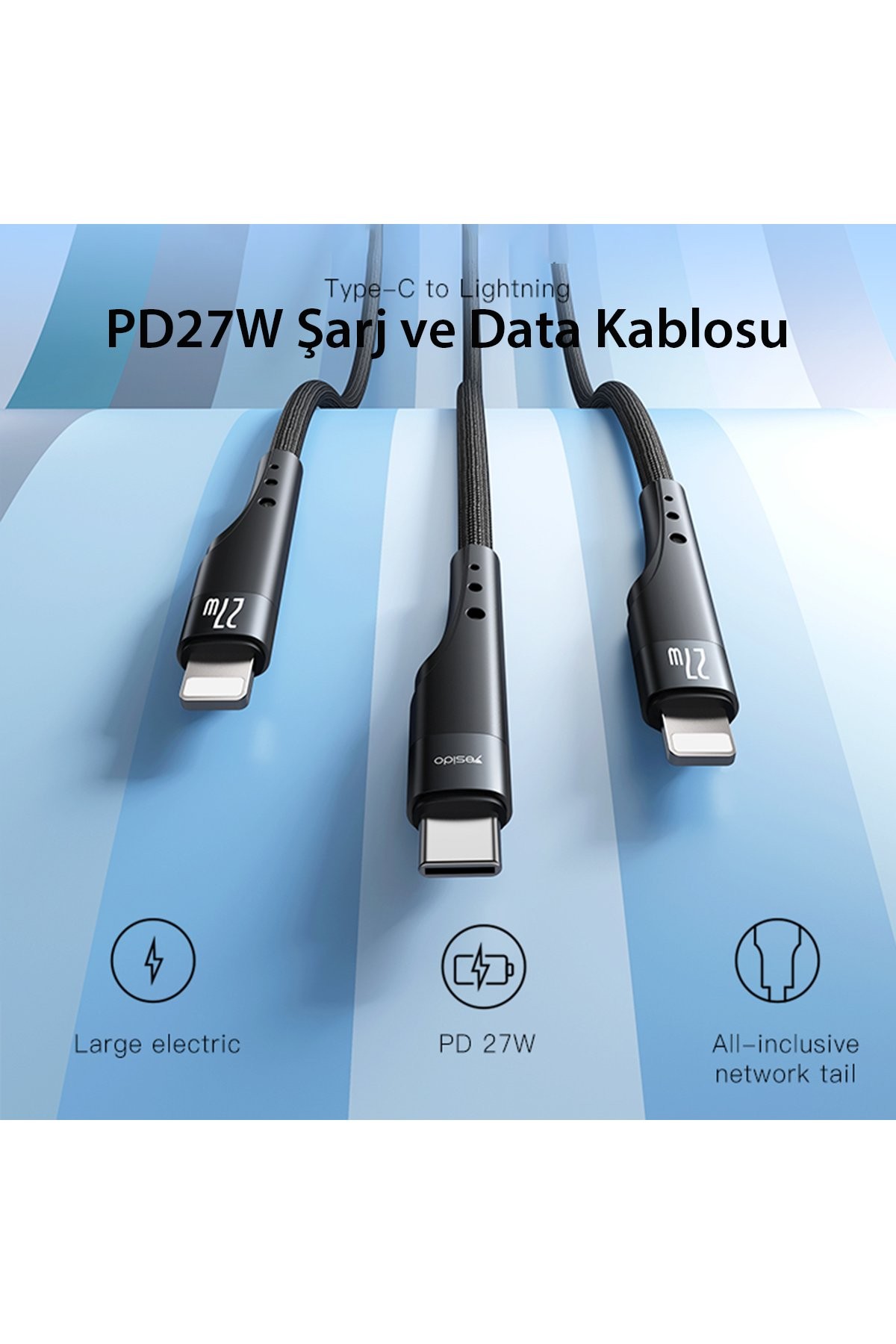 YESIDO CA116 3M 60W Hasırlı Type-C to Type-C PD Hızlı Şarj Kablosu - Siyah