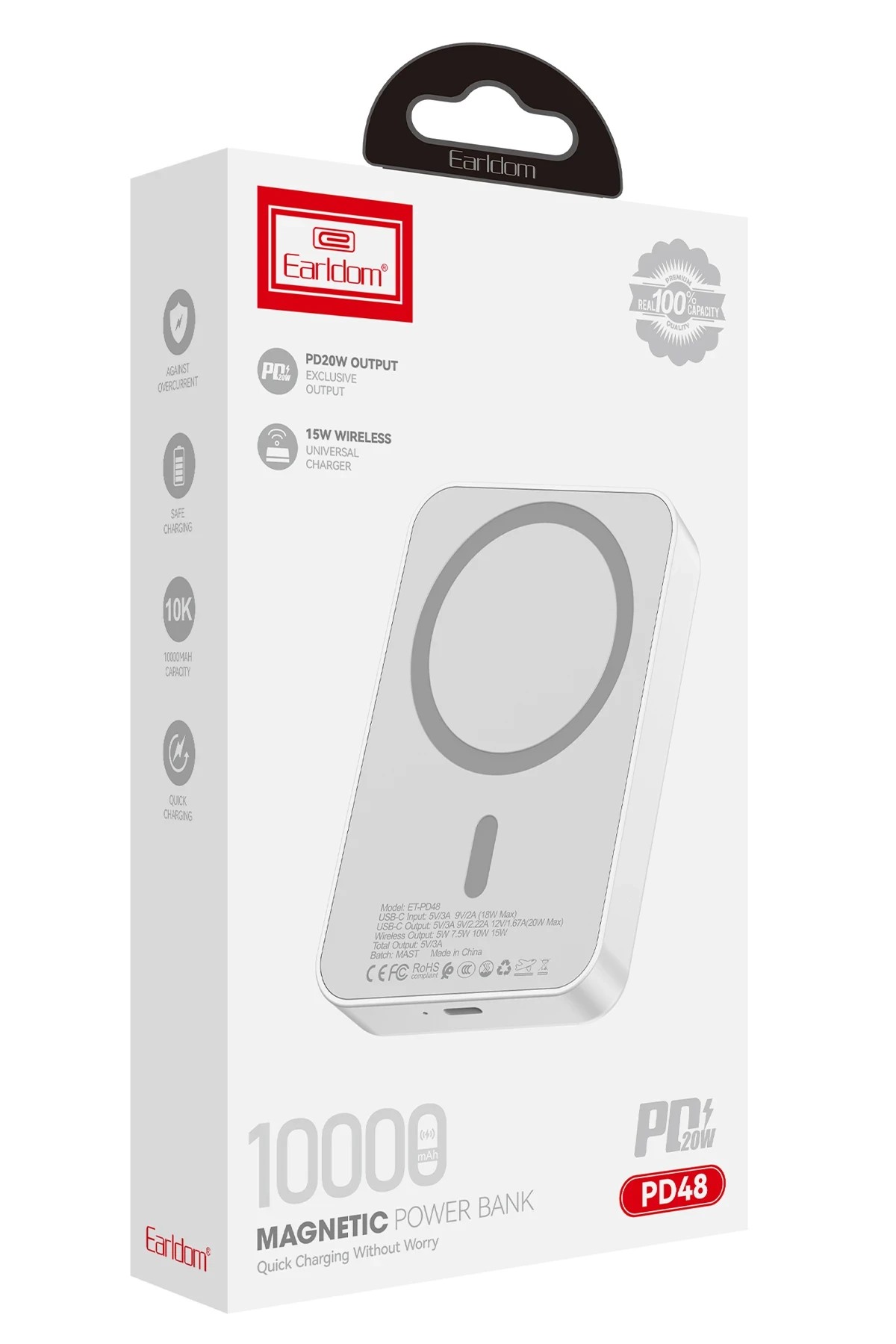 EARLDOM PD48 10.000 mAh 15W Kablosuz Şarj ve 20W Type-C Çıkışlı PD Hızlı Şarj Powerbank - Beyaz