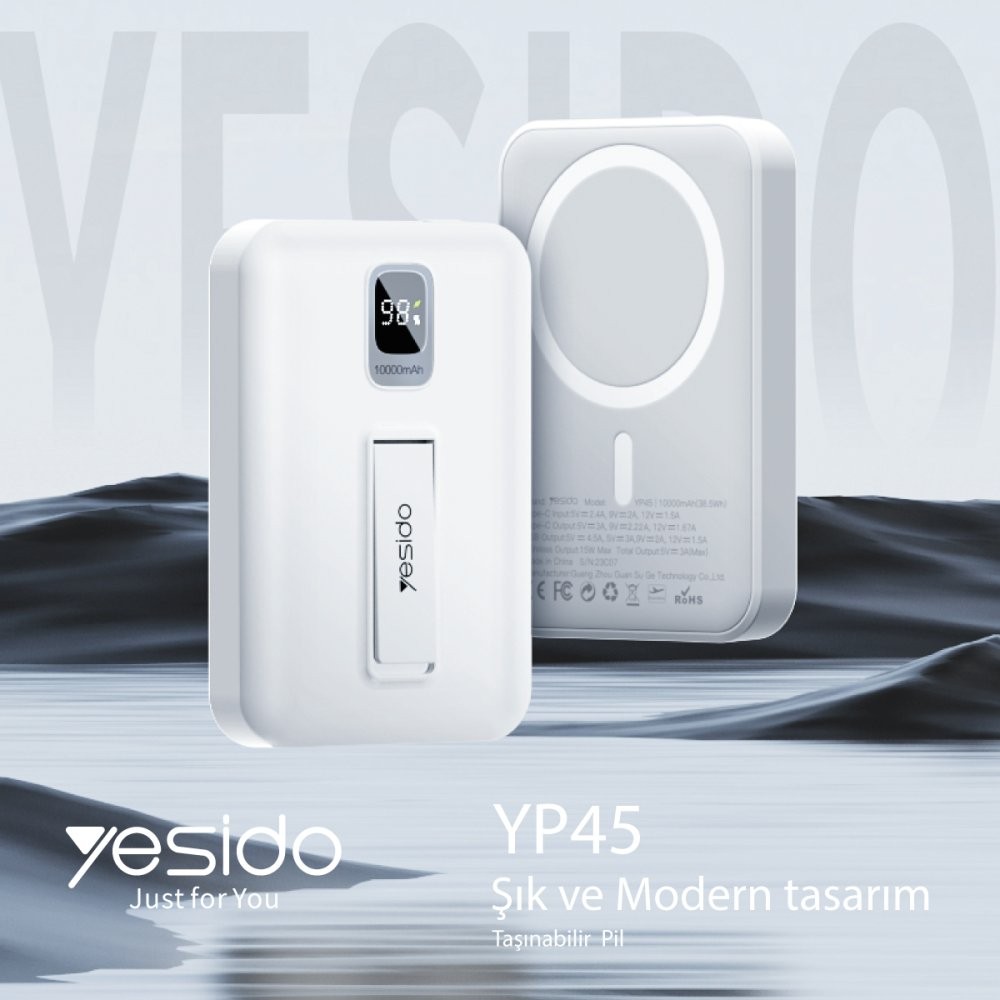 YESIDO YP45 10.000 mAh 20W Dijital Göstergeli 15W Kablosuz Şarjlı Stantlı Magsafe PD Hızlı Şarj Powerbank - Beyaz