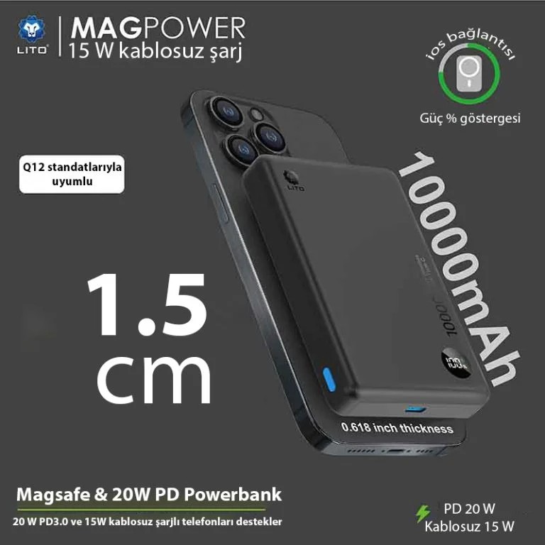 LITO LP08 Taşınabilir İnce Manyetik Göstergeli Magsafe Powerbank 10000 mAh
