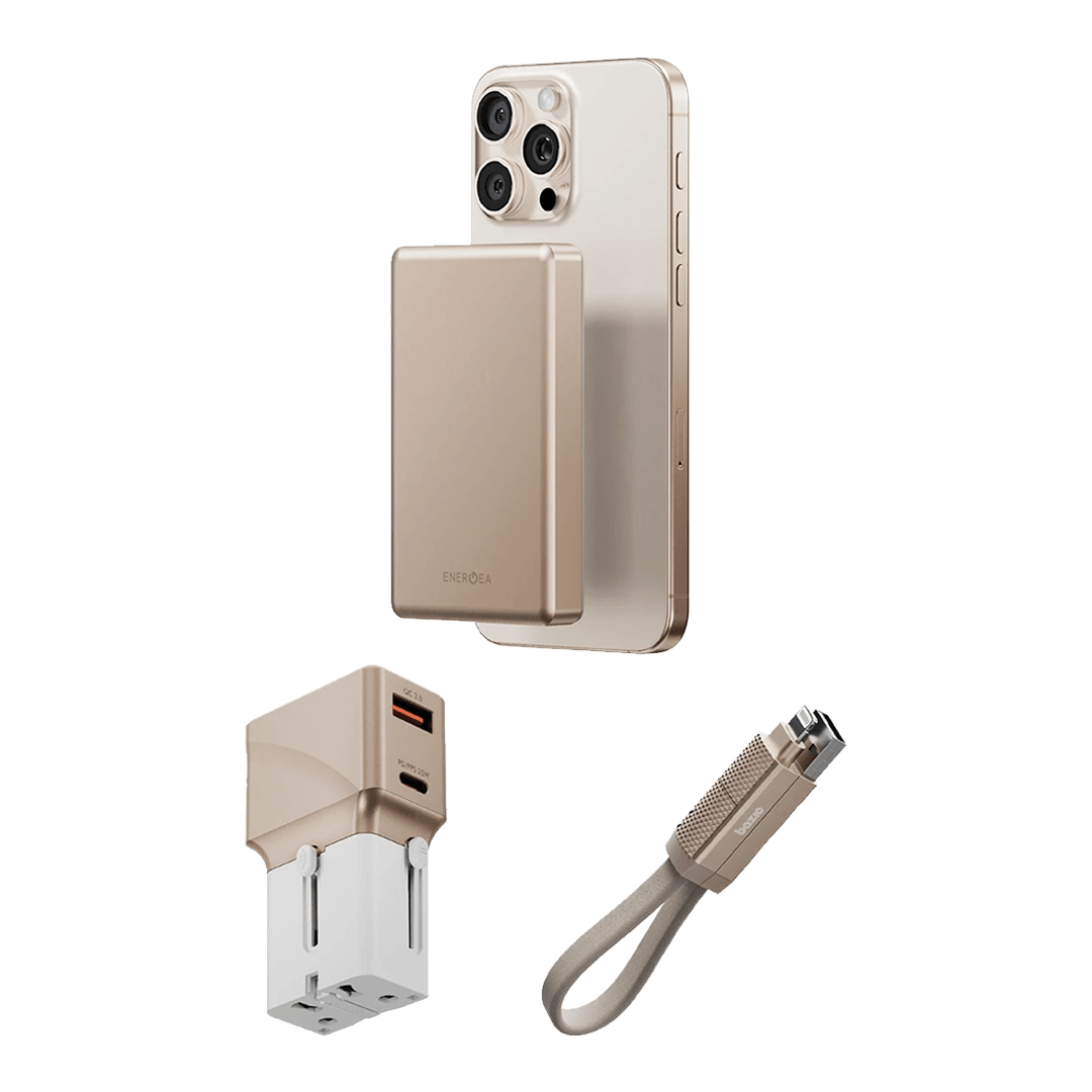 ENERGEA X Bazic Travel Kit Universal TravelWorld 25W Adaptör AluPac 10.000 mAh Powerbank ve AluCable 15 CM 60W USB to Lightning Kablolu Set Travel Çanta - Gold