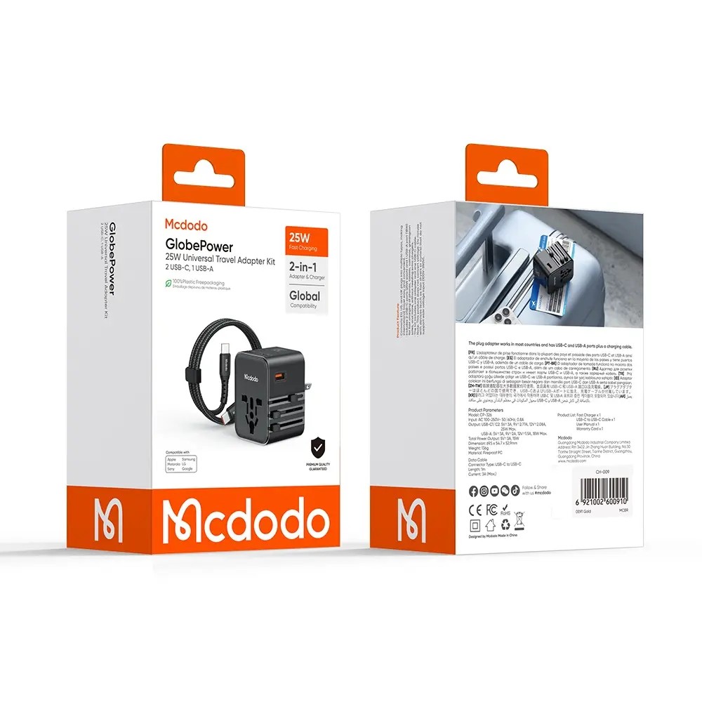 MCDODO CP-3260 25W Evrensel Seyahat Adaptör Type-C To Type-C Kablo Dahili