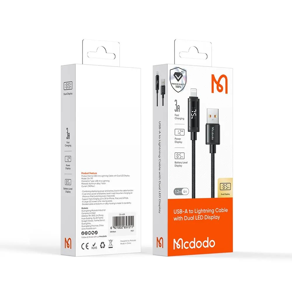 MCDODO CA-7970 USB-A to Lightning Çift Led Ekranlı 3A 1.2 m Kablo