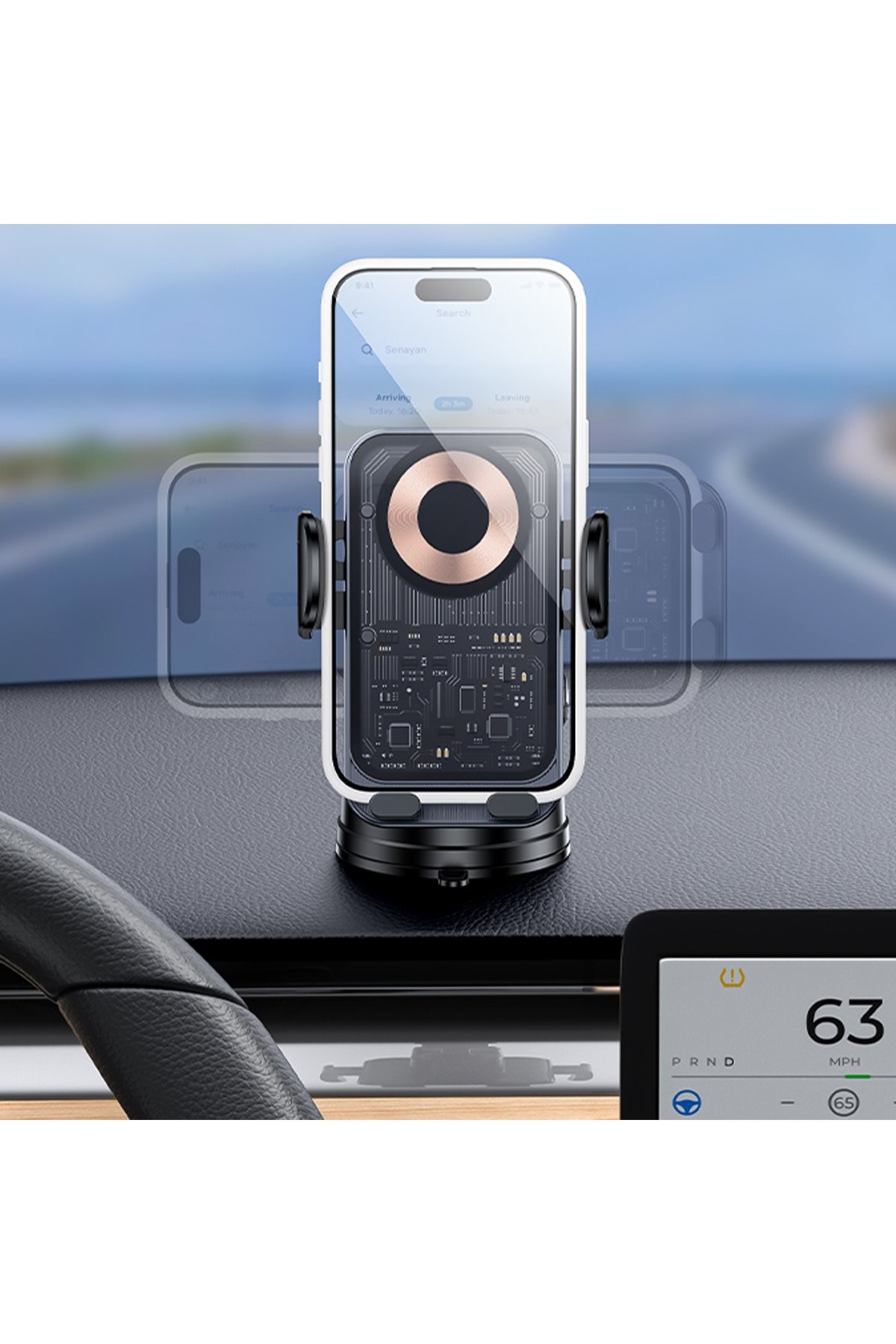 YESIDO C307 Yapışkanlı 360 Derece Ayarlanabilir Cam Yüzeyli 15W Kablosuz Şarjlı Araç Tutucu - Siyah