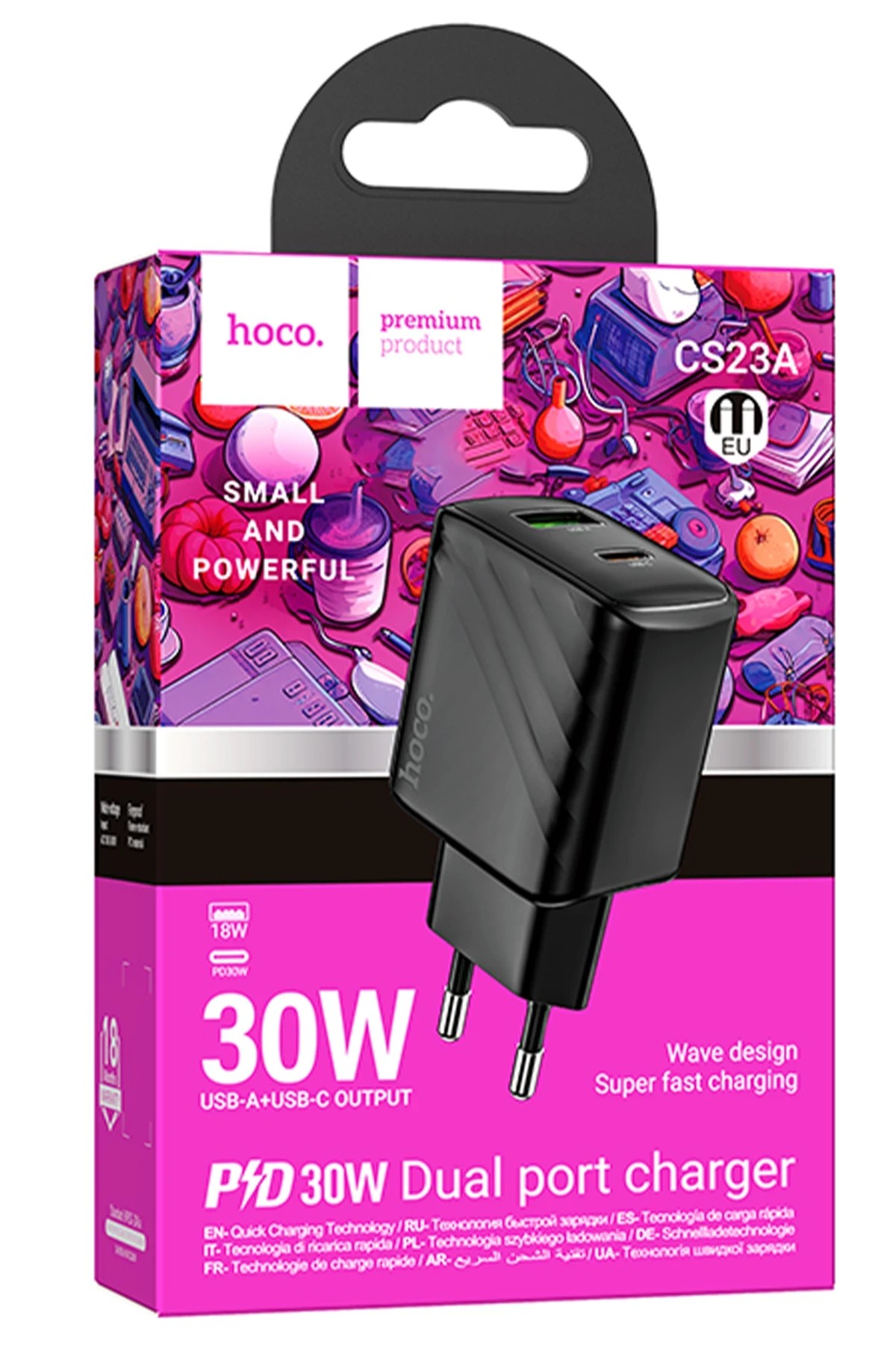 HOCO CS23A Sunlight 30W 1 Adet Type-C ve 1 Adet USB 3.0 QC Çıkışlı PD Hızlı Şarj Aleti - Siyah