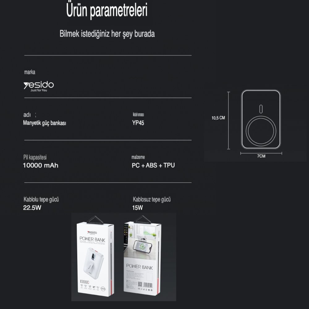 YESIDO YP45 10.000 mAh 20W Dijital Göstergeli 15W Kablosuz Şarjlı Stantlı Magsafe PD Hızlı Şarj Powerbank - Beyaz