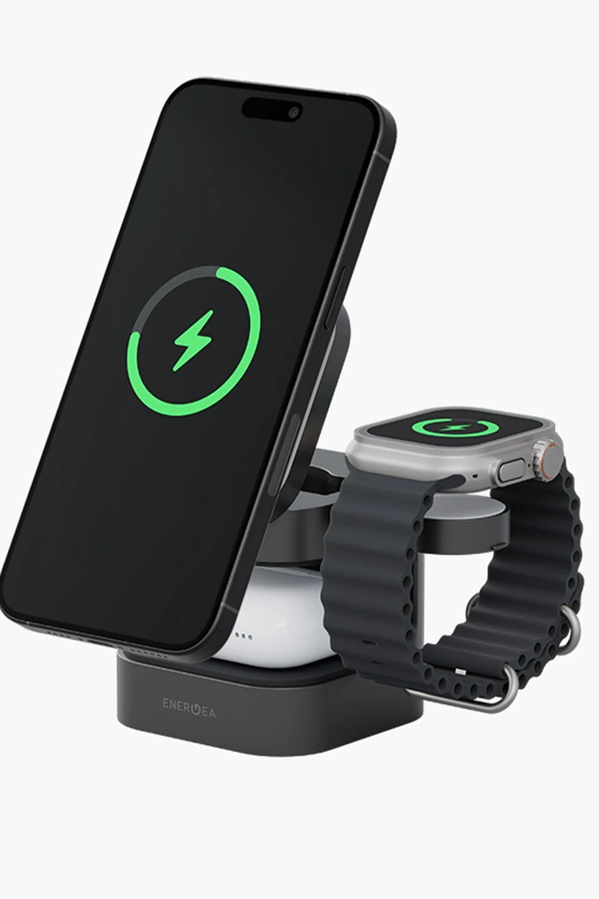 ENERGEA MagCube 3in1 Katlanabilir 15W Telefon Saat Airpods Masaüstü Hızlı Şarj Standı - Koyu Gri