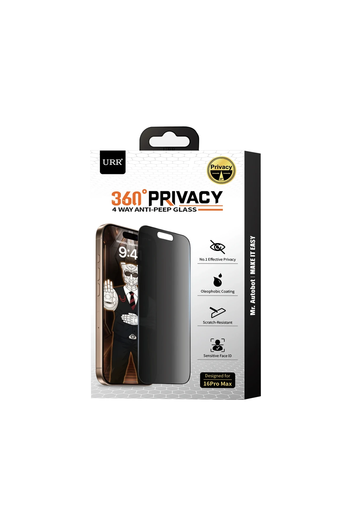 URR iPhone 16 Plus 4 Way Anti Spy 360 Privacy Cam Ekran Koruyucu - Siyah